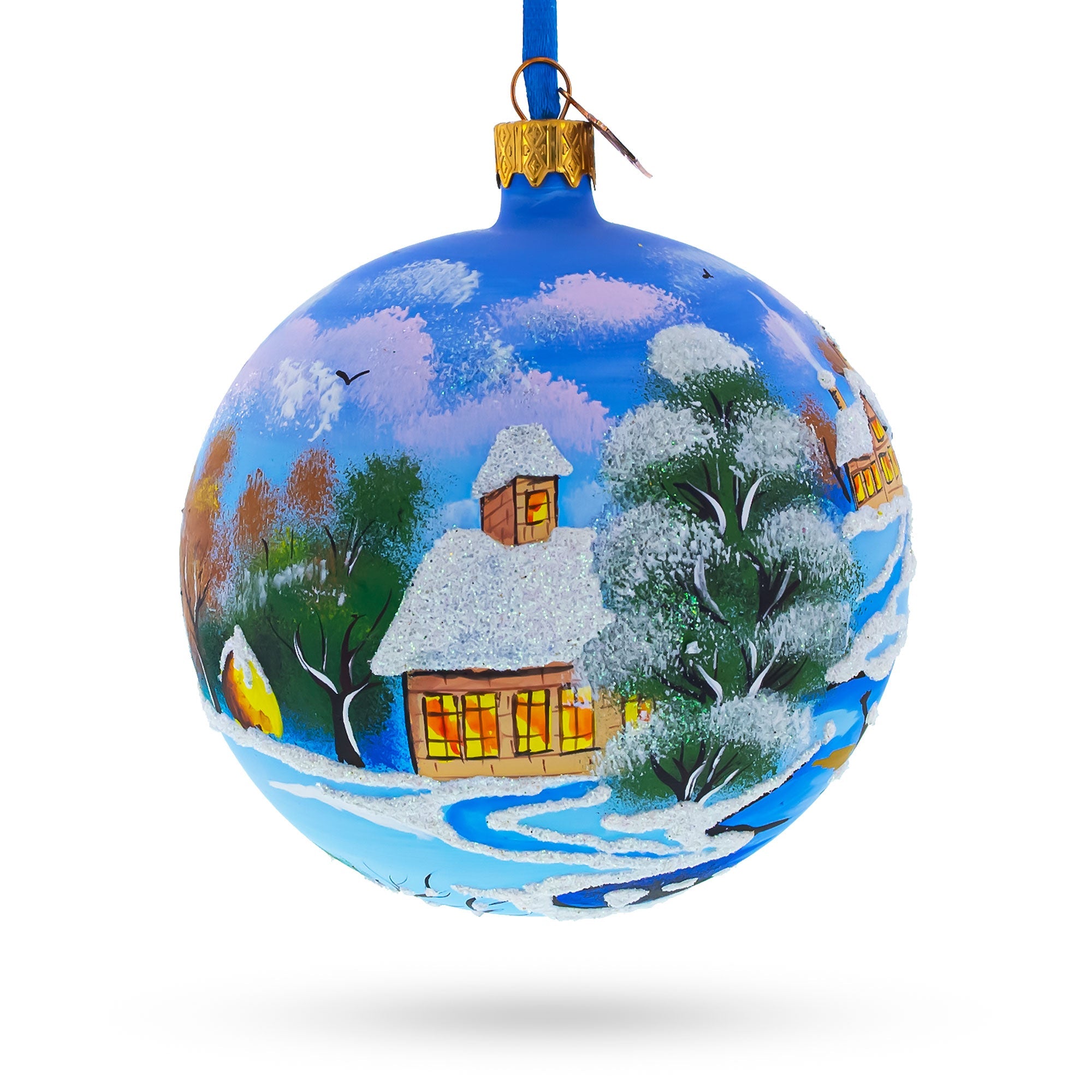 Serene Winter Village Scene With Lake - Artisan Blown Glass Ball Christmas Ornament 4 Inches