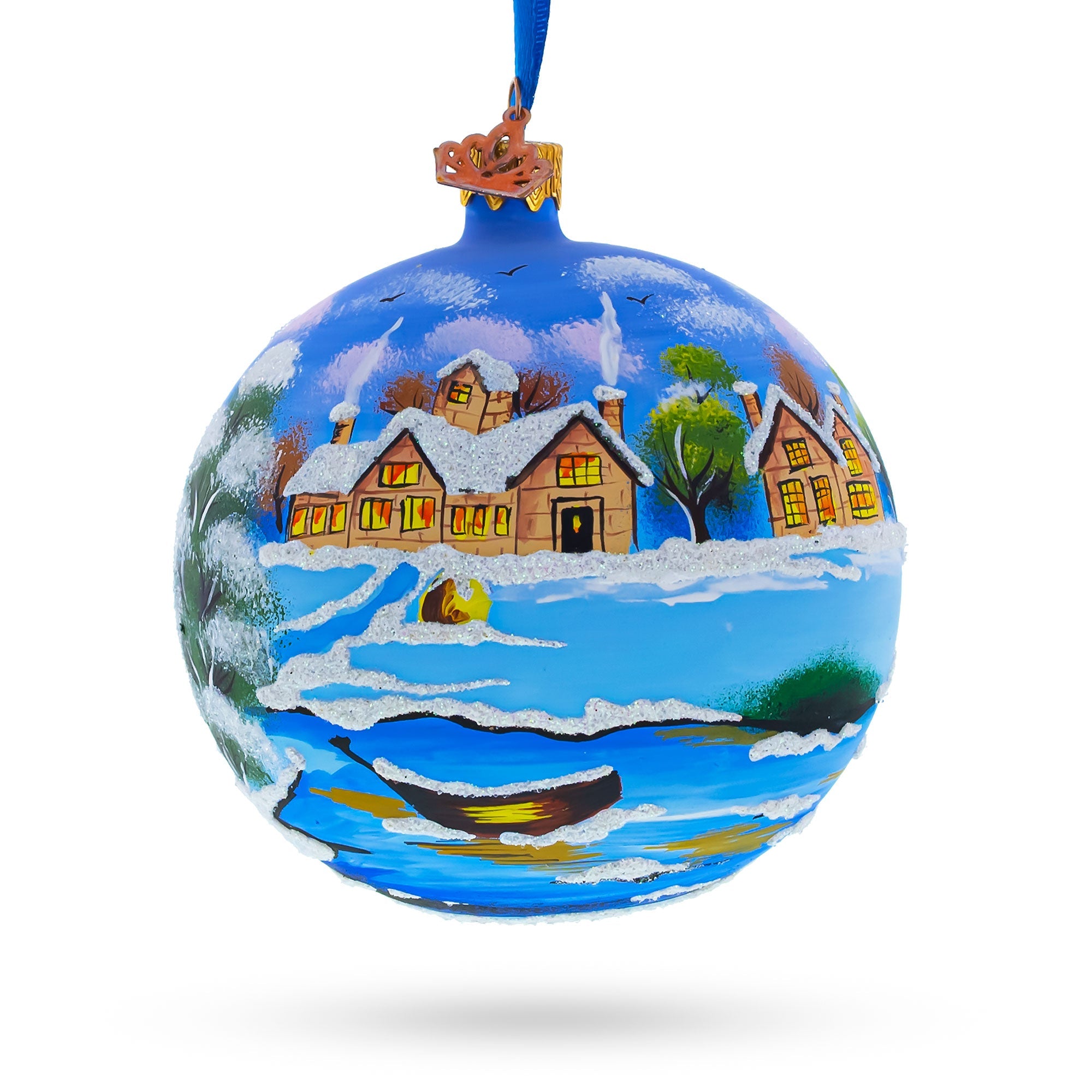 Serene Winter Village Scene With Lake - Artisan Blown Glass Ball Christmas Ornament 4 Inches