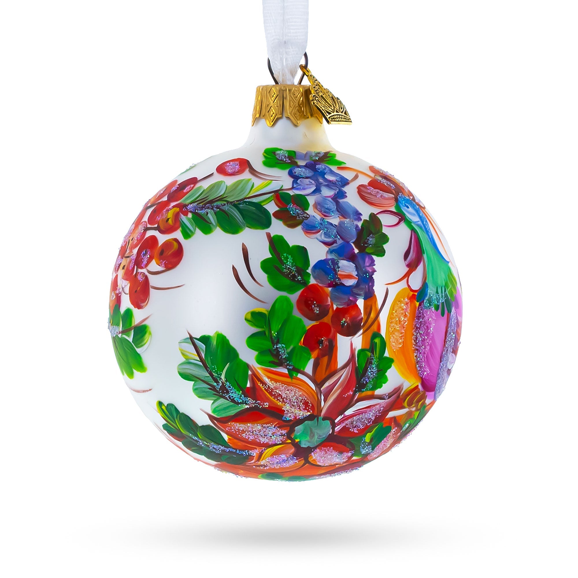 Vibrant Rooster With Flowers - Blown Glass Ball Christmas Ornament 3.25 Inches