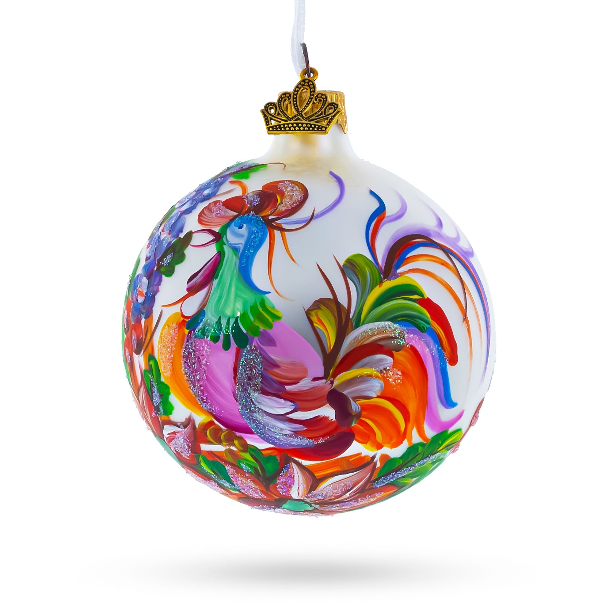 Vibrant Rooster With Flowers - Blown Glass Ball Christmas Ornament 3.25 Inches