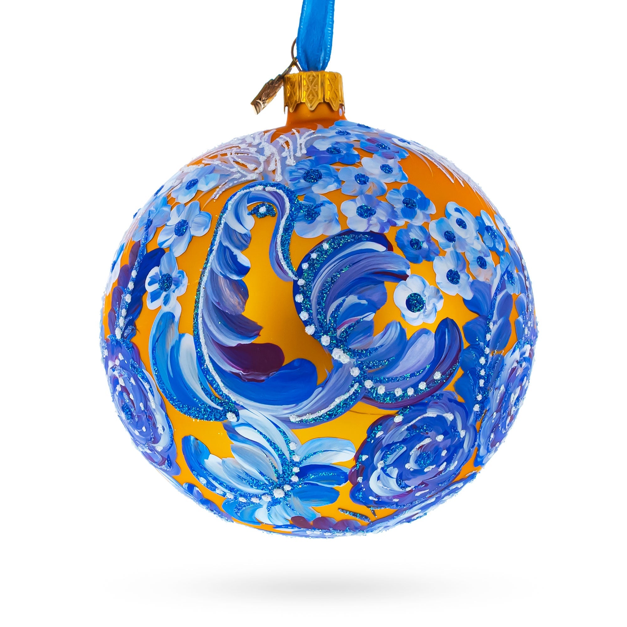 Majestic Firebird Amidst Hyacinth Flowers - Artisan Blown Glass Ball Christmas Ornament