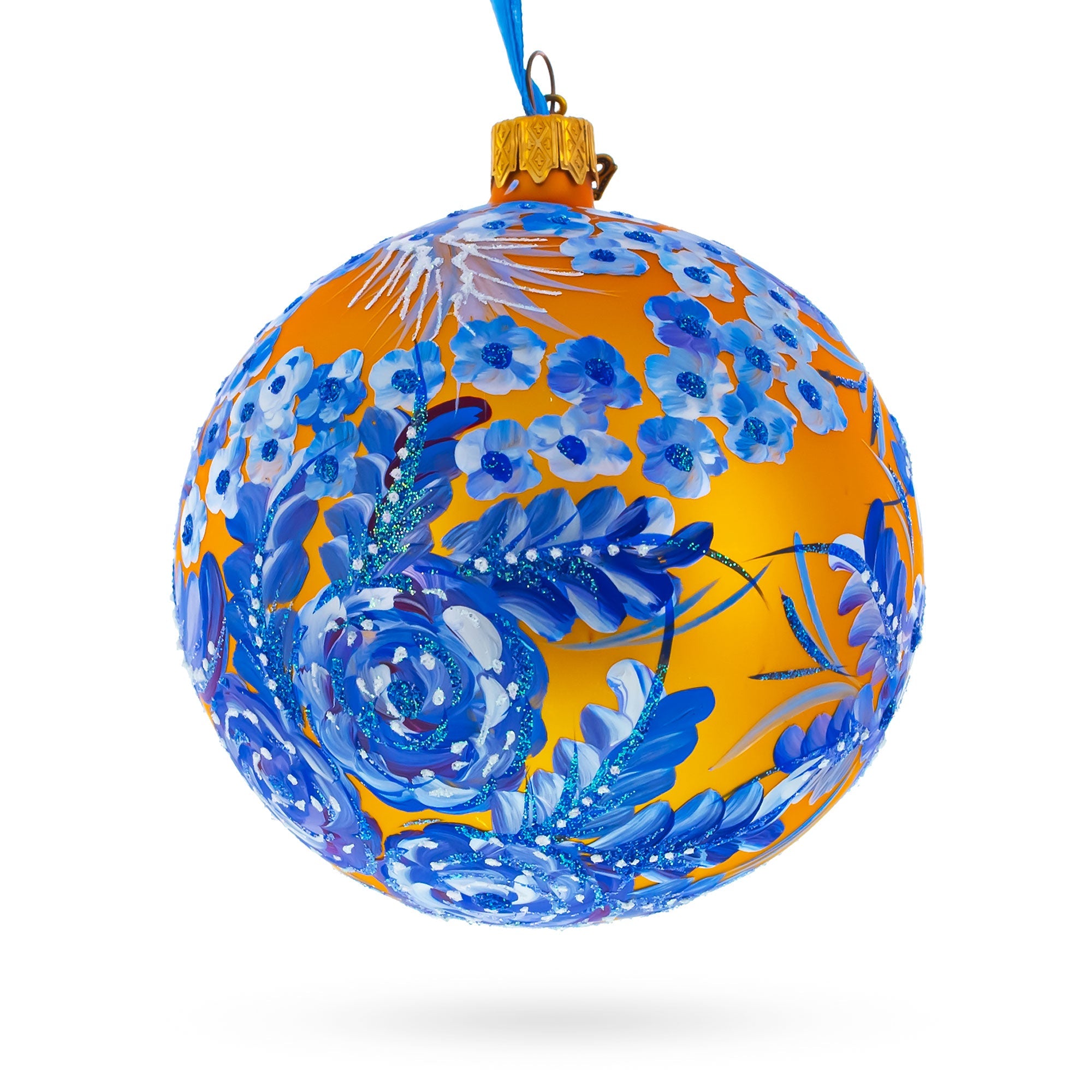 Majestic Firebird Amidst Hyacinth Flowers - Artisan Blown Glass Ball Christmas Ornament