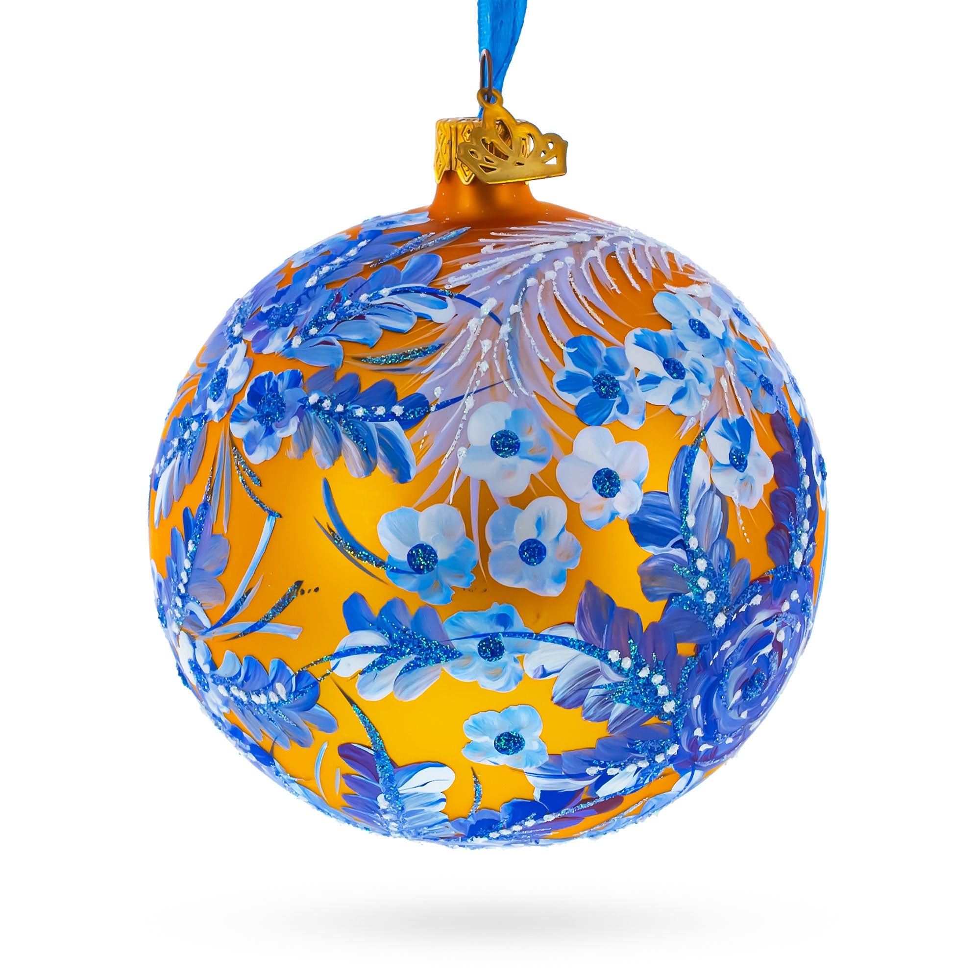 Majestic Firebird Amidst Hyacinth Flowers - Artisan Blown Glass Ball Christmas Ornament