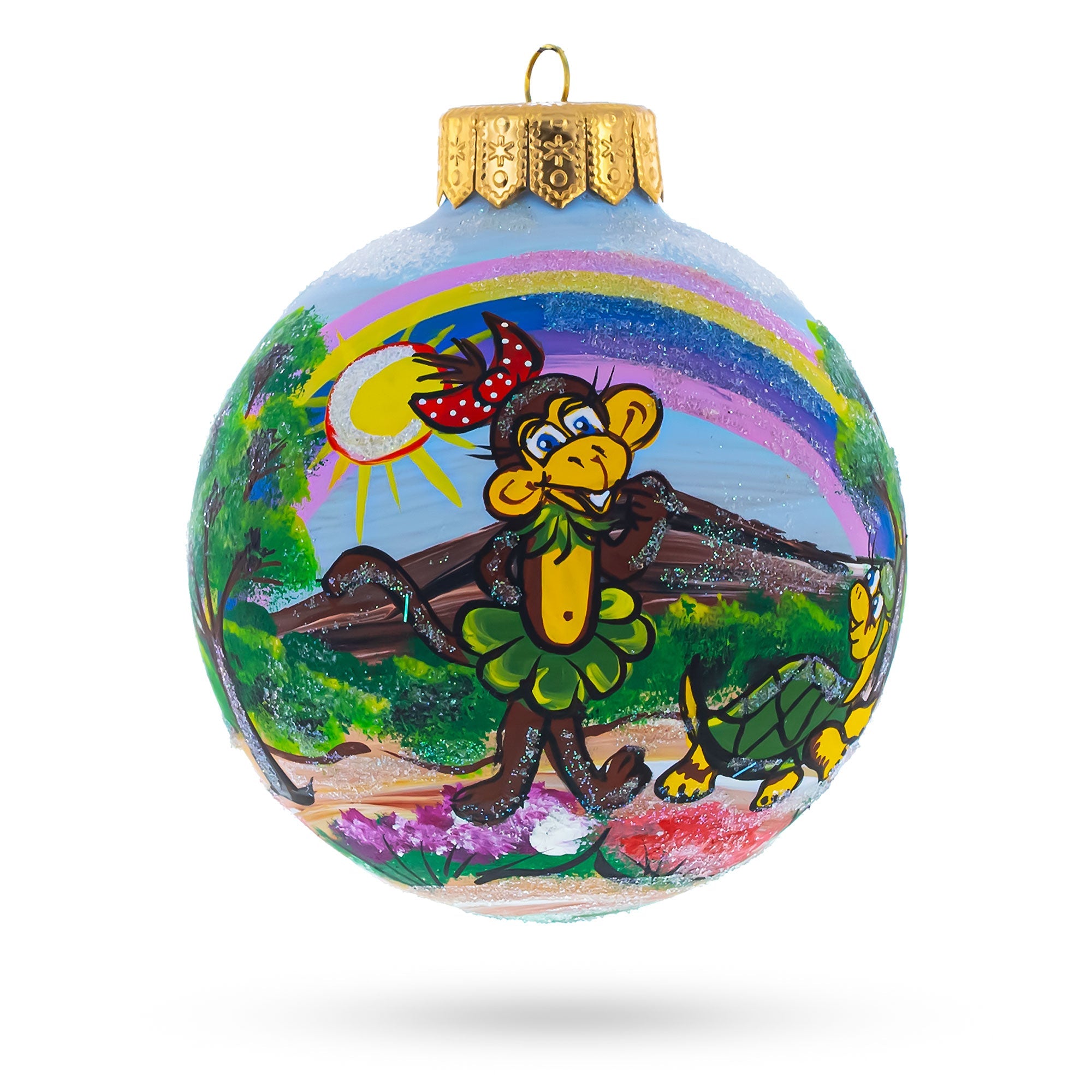 Whimsical Lady Monkey Under Rainbow - Artisan Animal-themed Blown Glass Ball Christmas Ornament 4 Inches