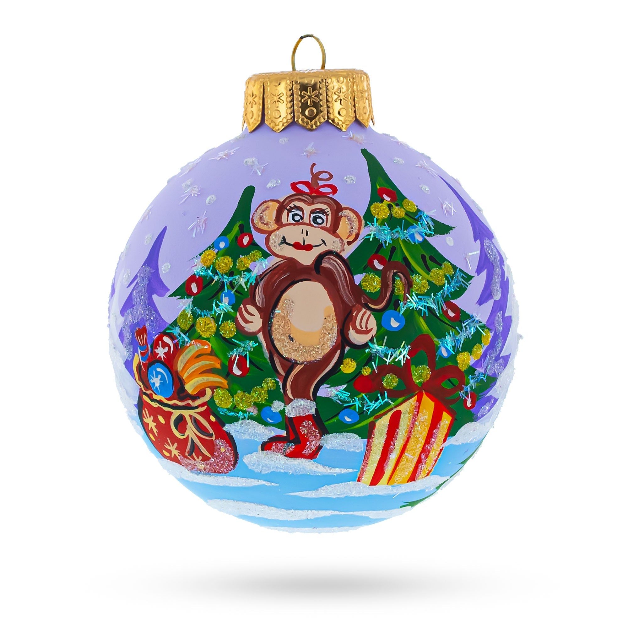 Playful Monkey With Christmas Gifts - Artisan Blown Glass Ball Christmas Ornament 4 Inches