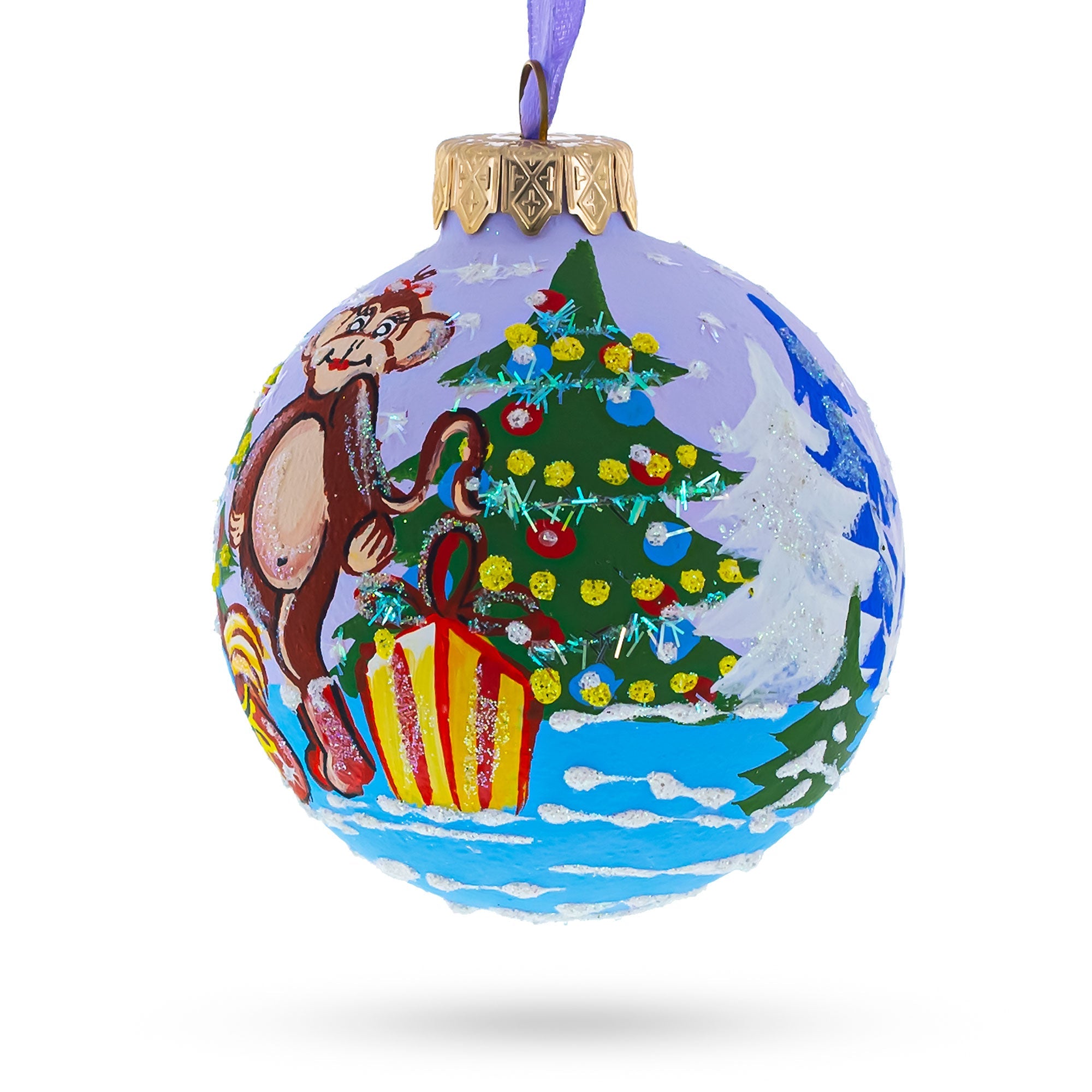 Charming Monkey With Christmas Tree And Gifts - Blown Glass Ball Christmas Ornament 3.25 Inches