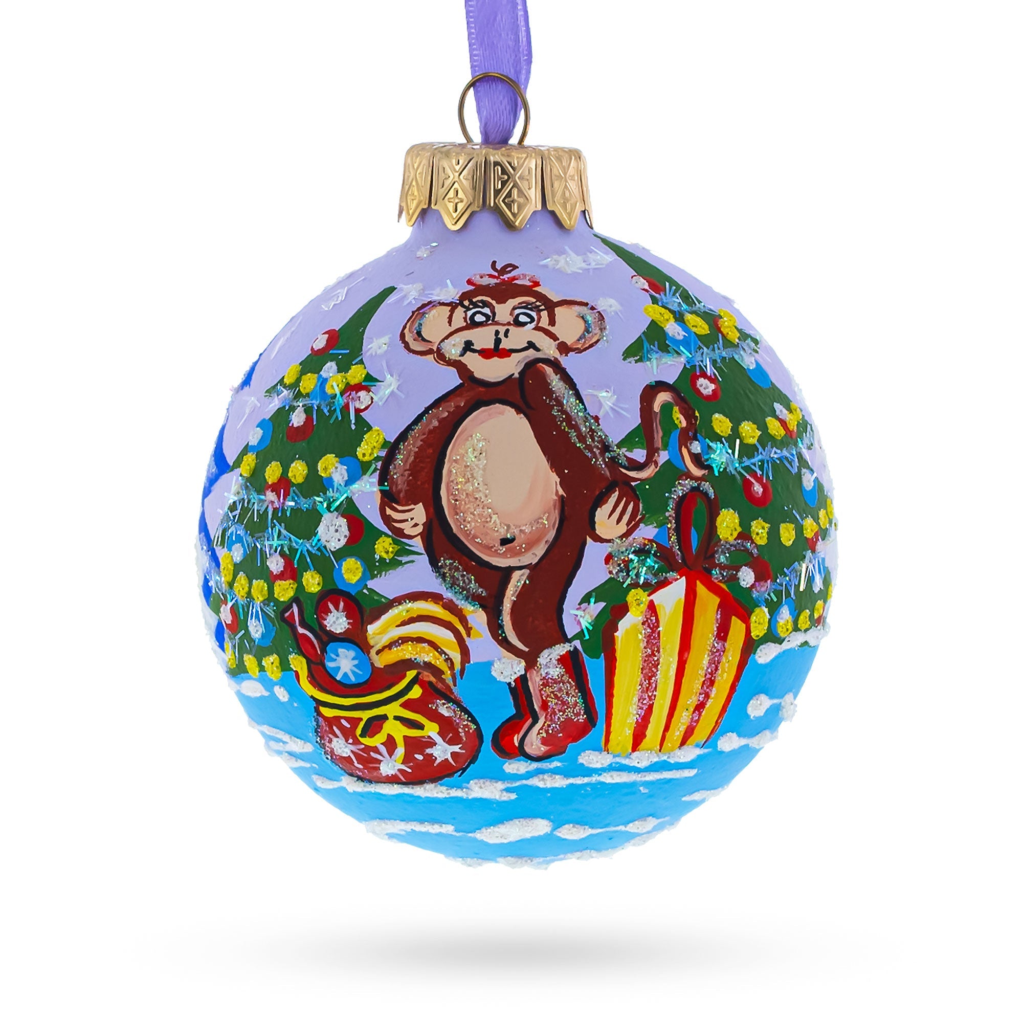 Charming Monkey With Christmas Tree And Gifts - Blown Glass Ball Christmas Ornament 3.25 Inches