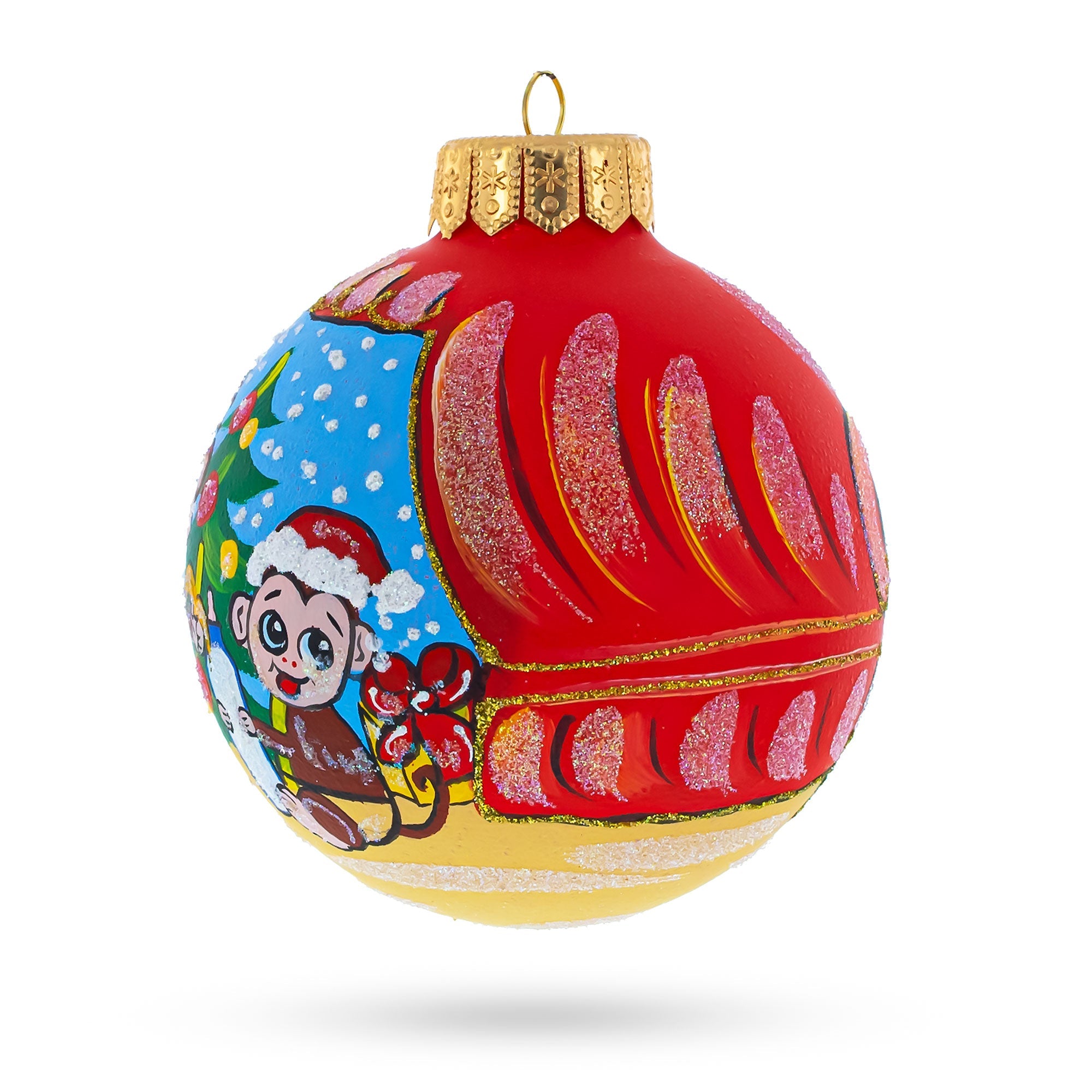 Heartwarming Monkey And Baby By Christmas Tree - Artisan Blown Glass Ball Christmas Ornament 4 Inches