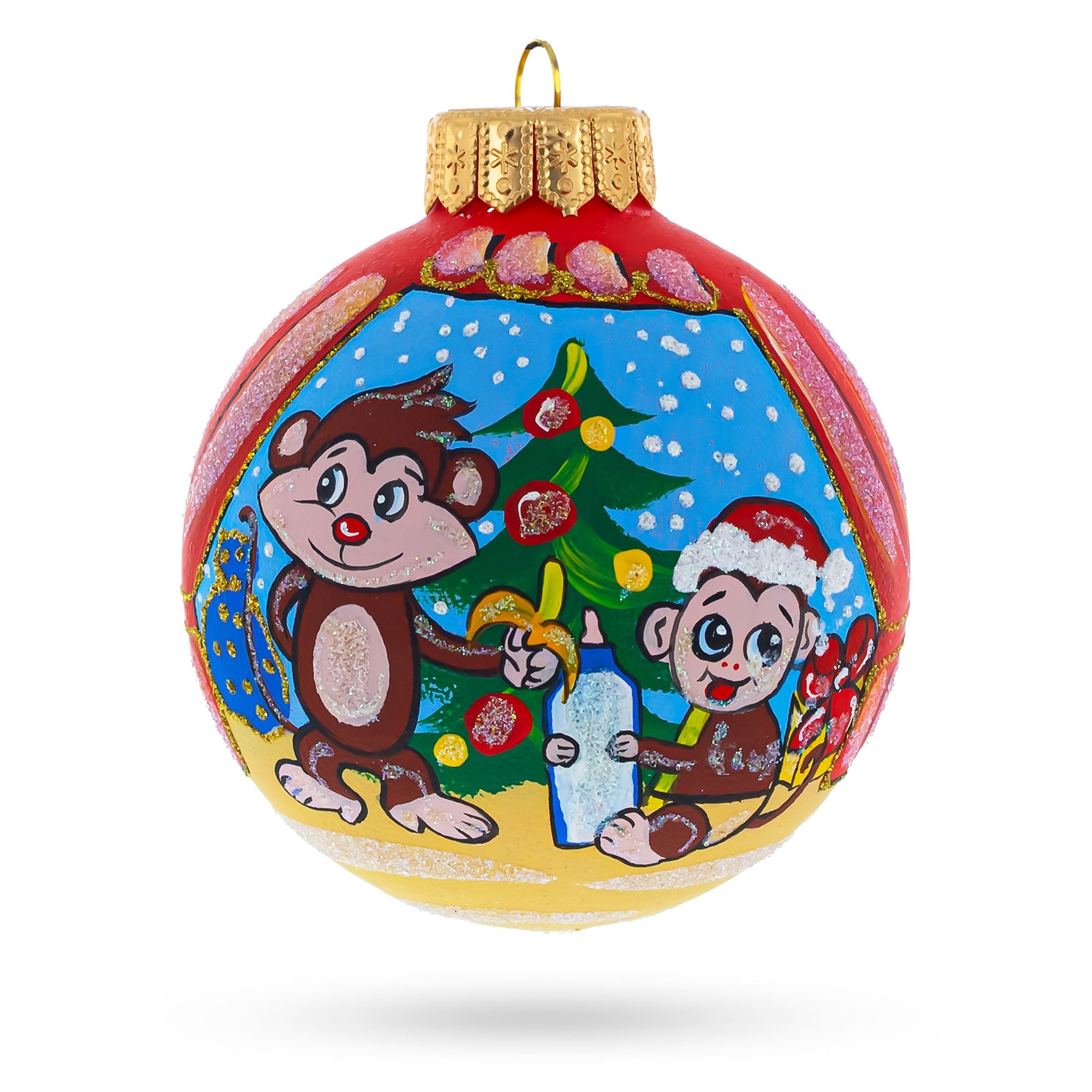 Heartwarming Monkey And Baby By Christmas Tree - Artisan Blown Glass Ball Christmas Ornament 4 Inches