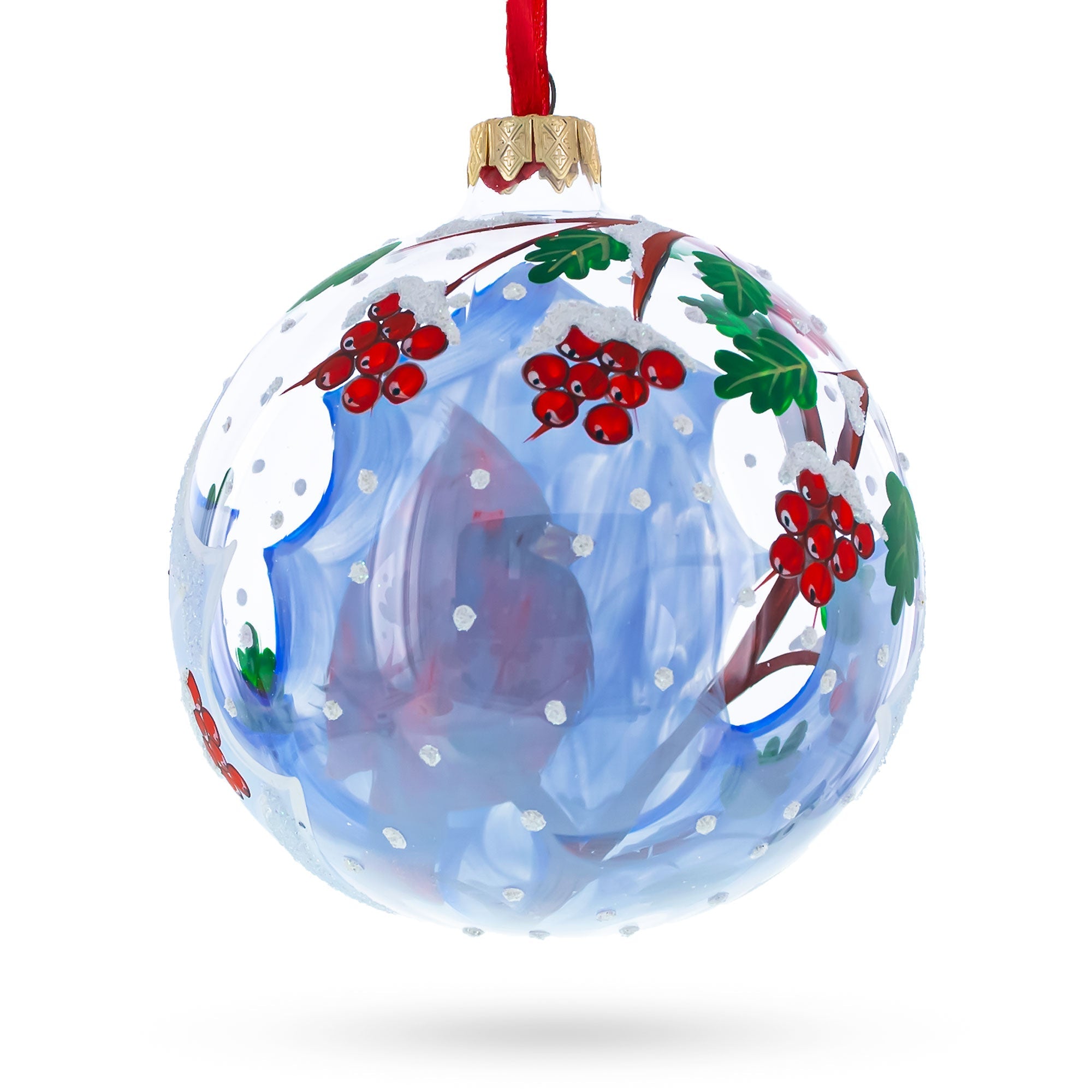 Frosty Winter Cardinal - Blown Glass Ball Christmas Ornament 4 Inches