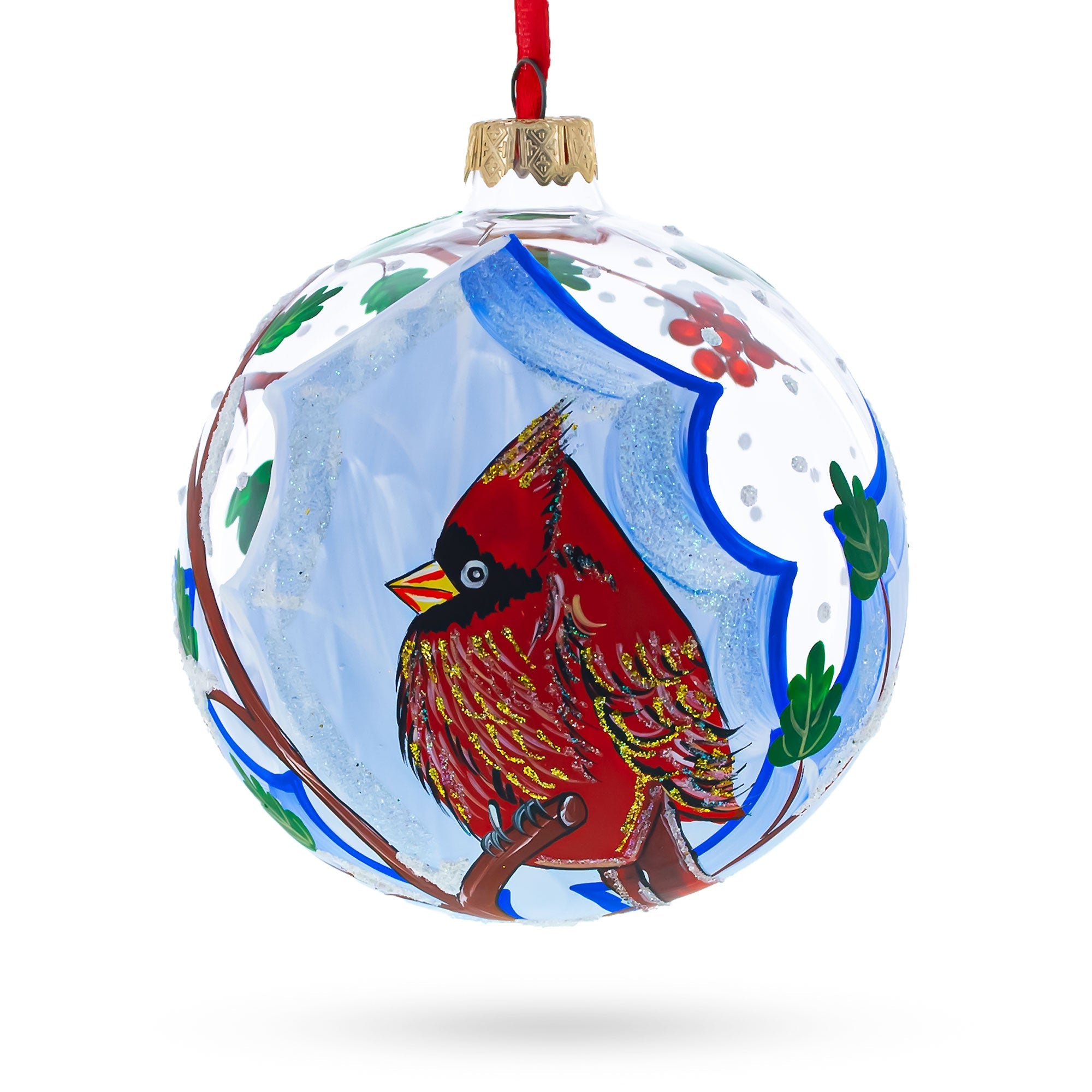 Frosty Winter Cardinal - Blown Glass Ball Christmas Ornament 4 Inches