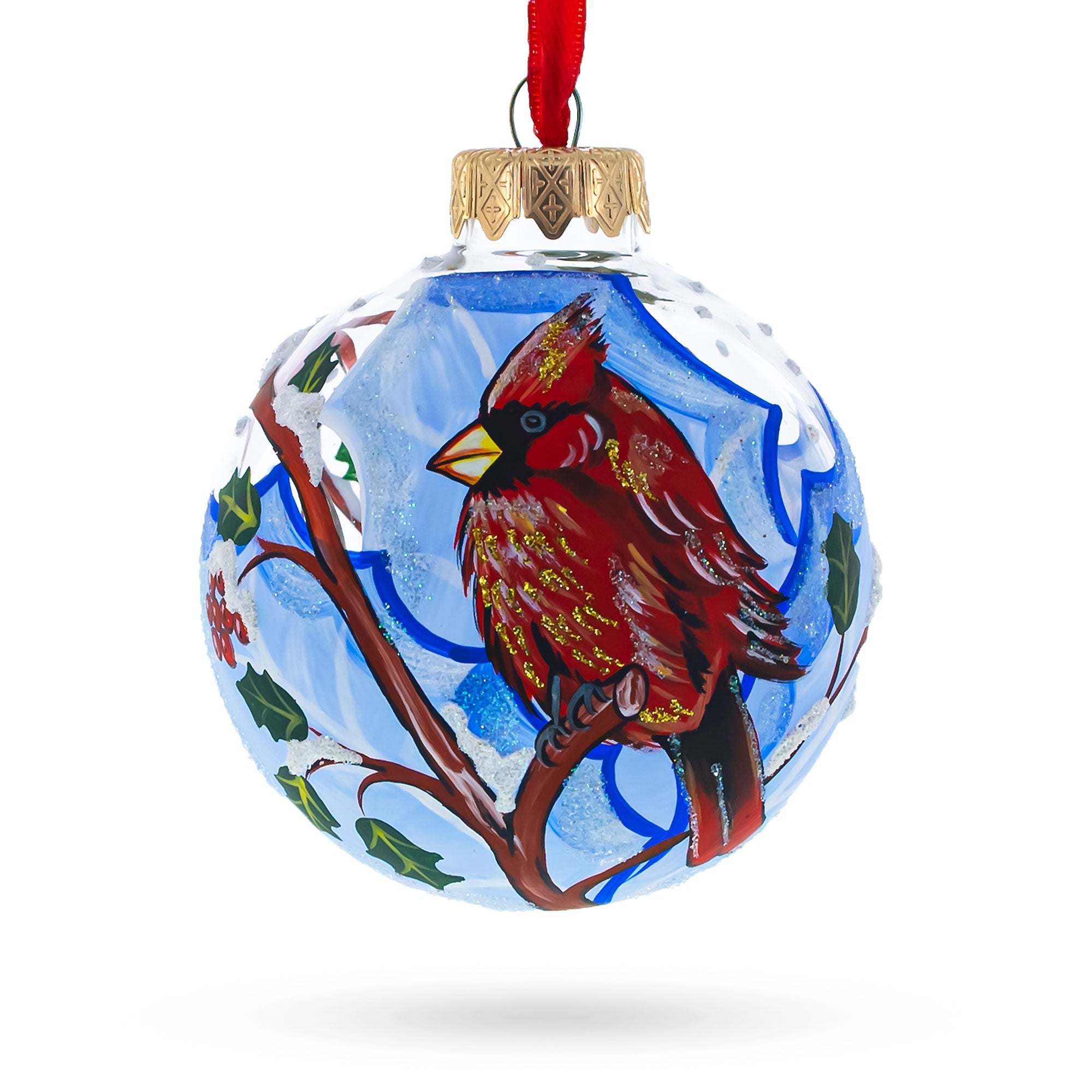 Frosty Winter Cardinal - Blown Glass Ball Christmas Ornament 3.25 Inches