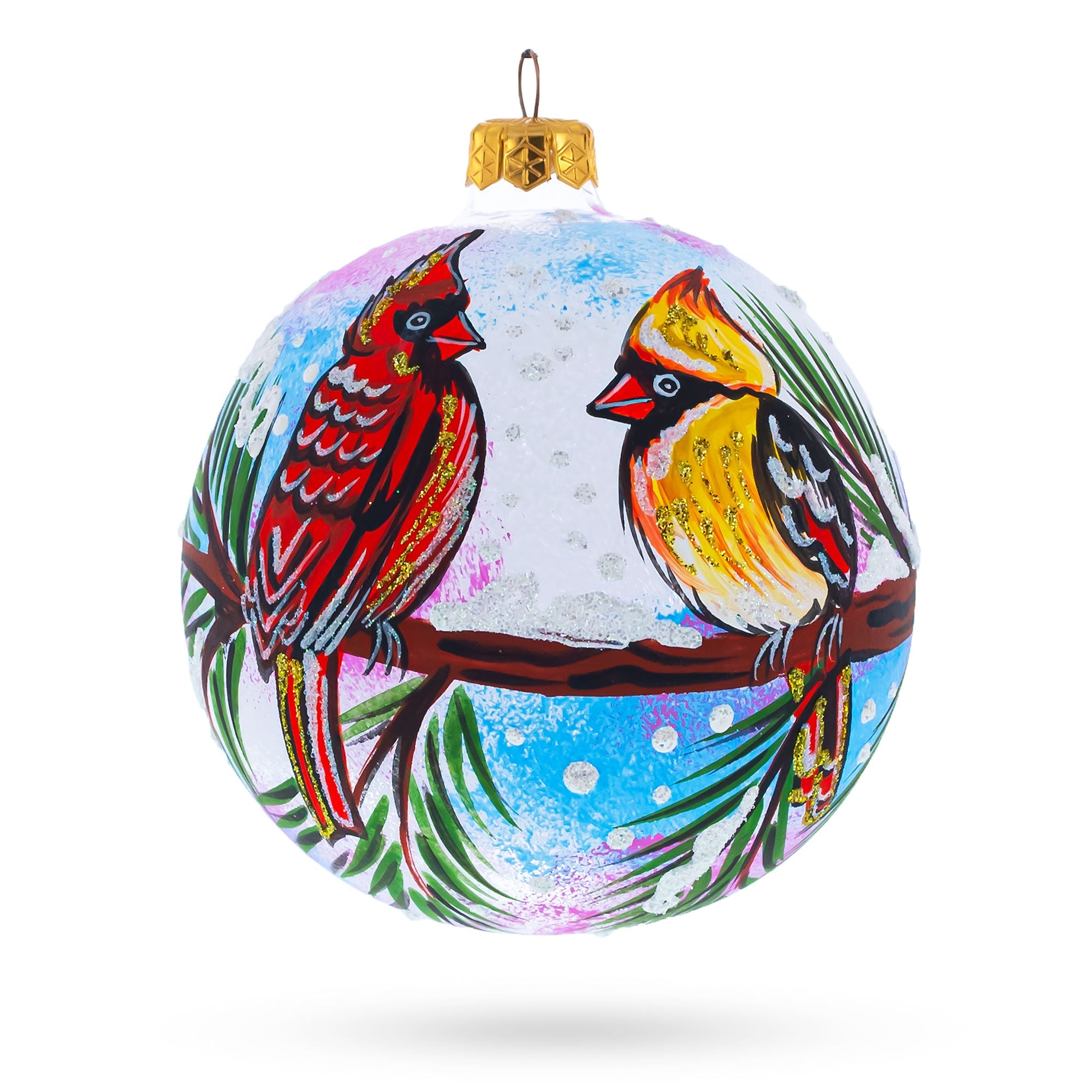 Winter Wonderland Duo: Two Cardinals In Snowy Scenery Blown Glass Ball Christmas Ornament 4 Inches