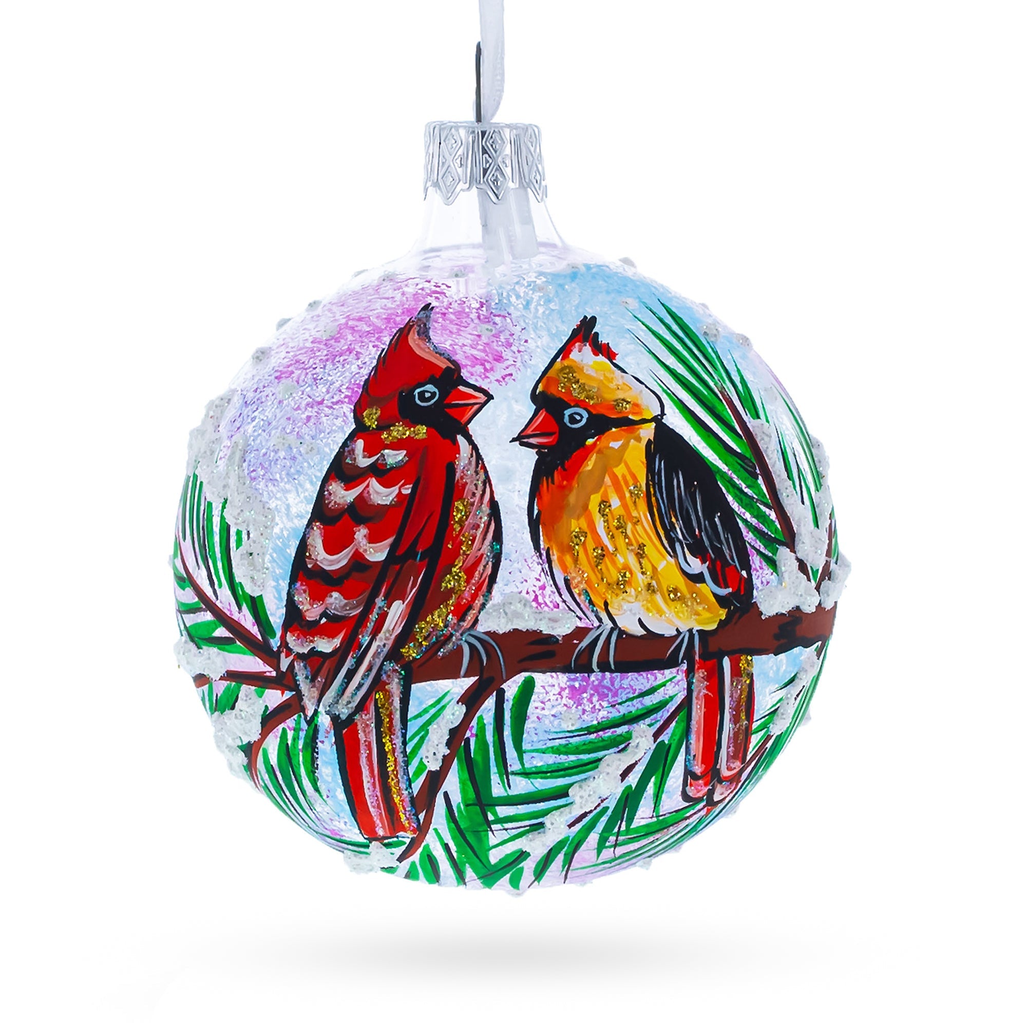 Winter Wonderland Duo: Two Cardinals In Snowy Scenery Blown Glass Ball Christmas Ornament 3.25 Inches