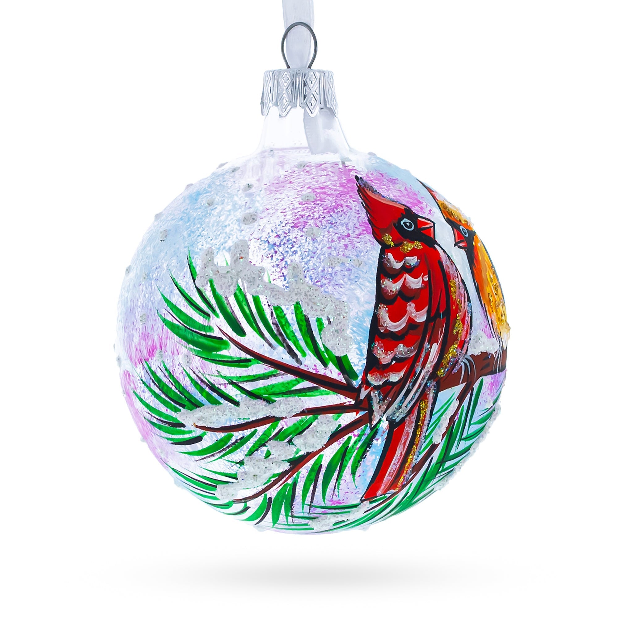 Winter Wonderland Duo: Two Cardinals In Snowy Scenery Blown Glass Ball Christmas Ornament 3.25 Inches