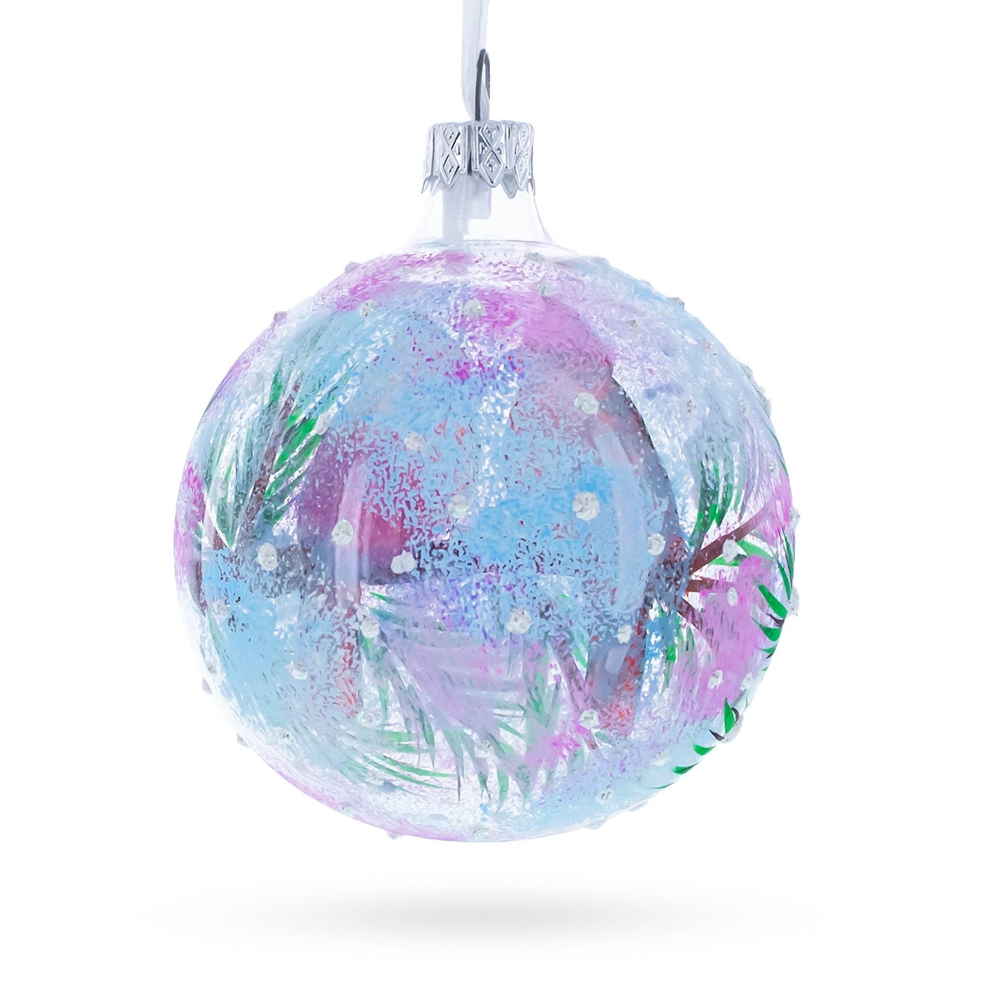 Winter Wonderland Duo: Two Cardinals In Snowy Scenery Blown Glass Ball Christmas Ornament 3.25 Inches