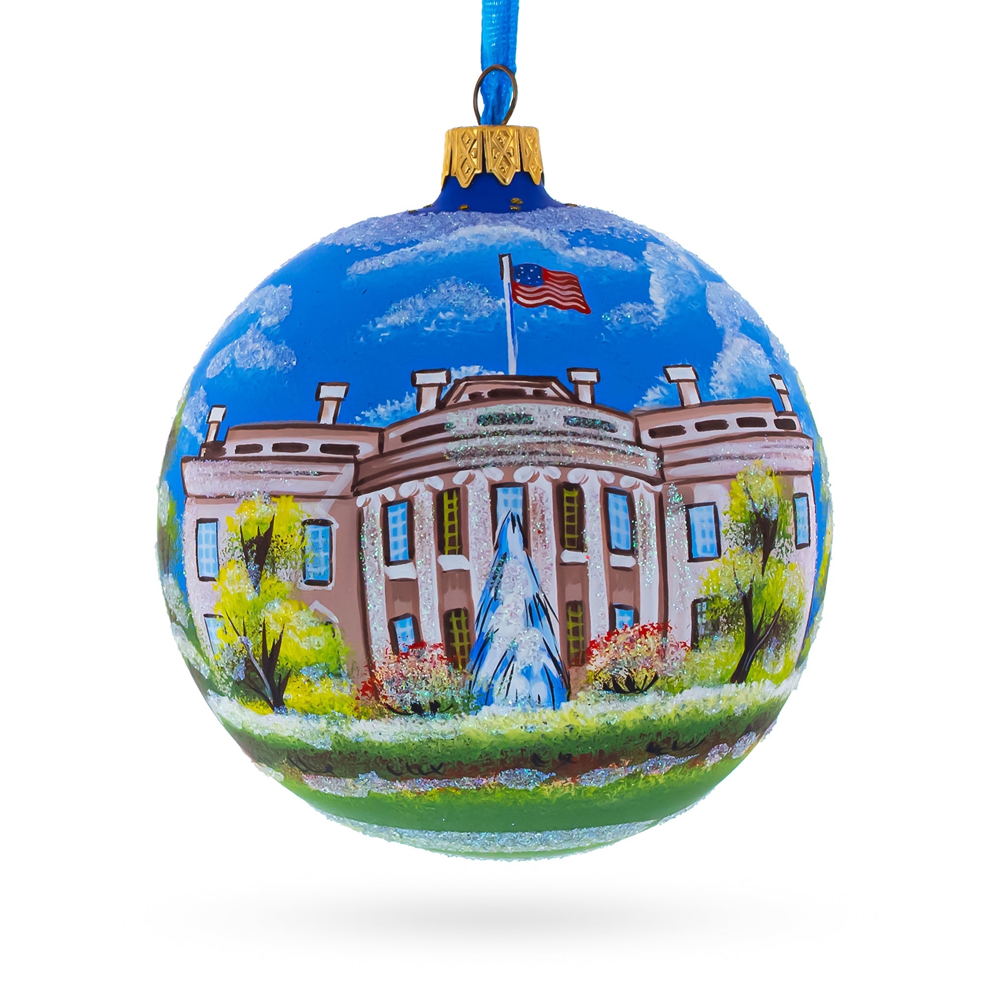 Iconic Landmark: White House, Washington Dc Blown Glass Ball Christmas Ornament 4 Inches