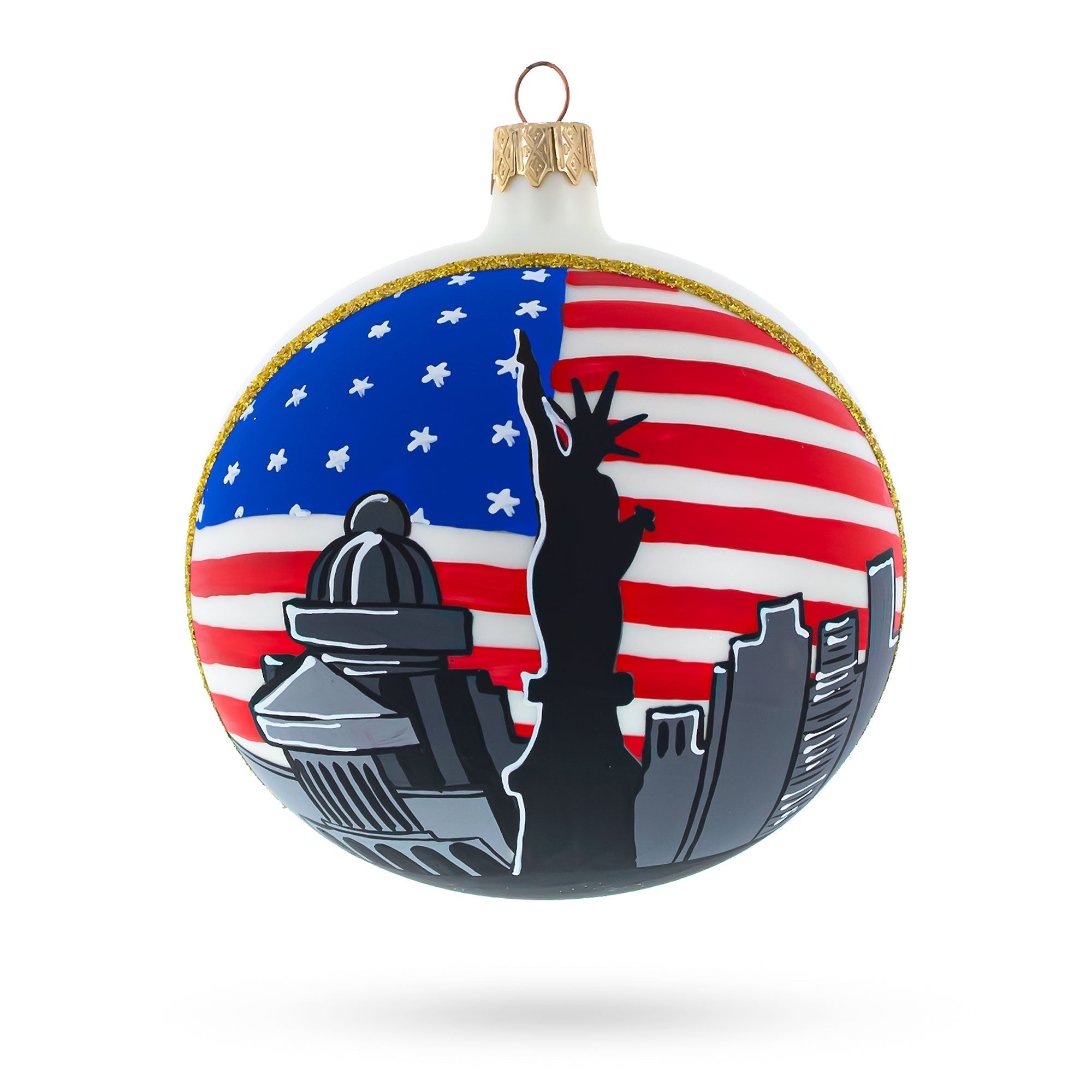 Patriotic Landmark: Statue Of Liberty With Usa Flag, New York City Blown Glass Ball Christmas Ornament 4 Inches