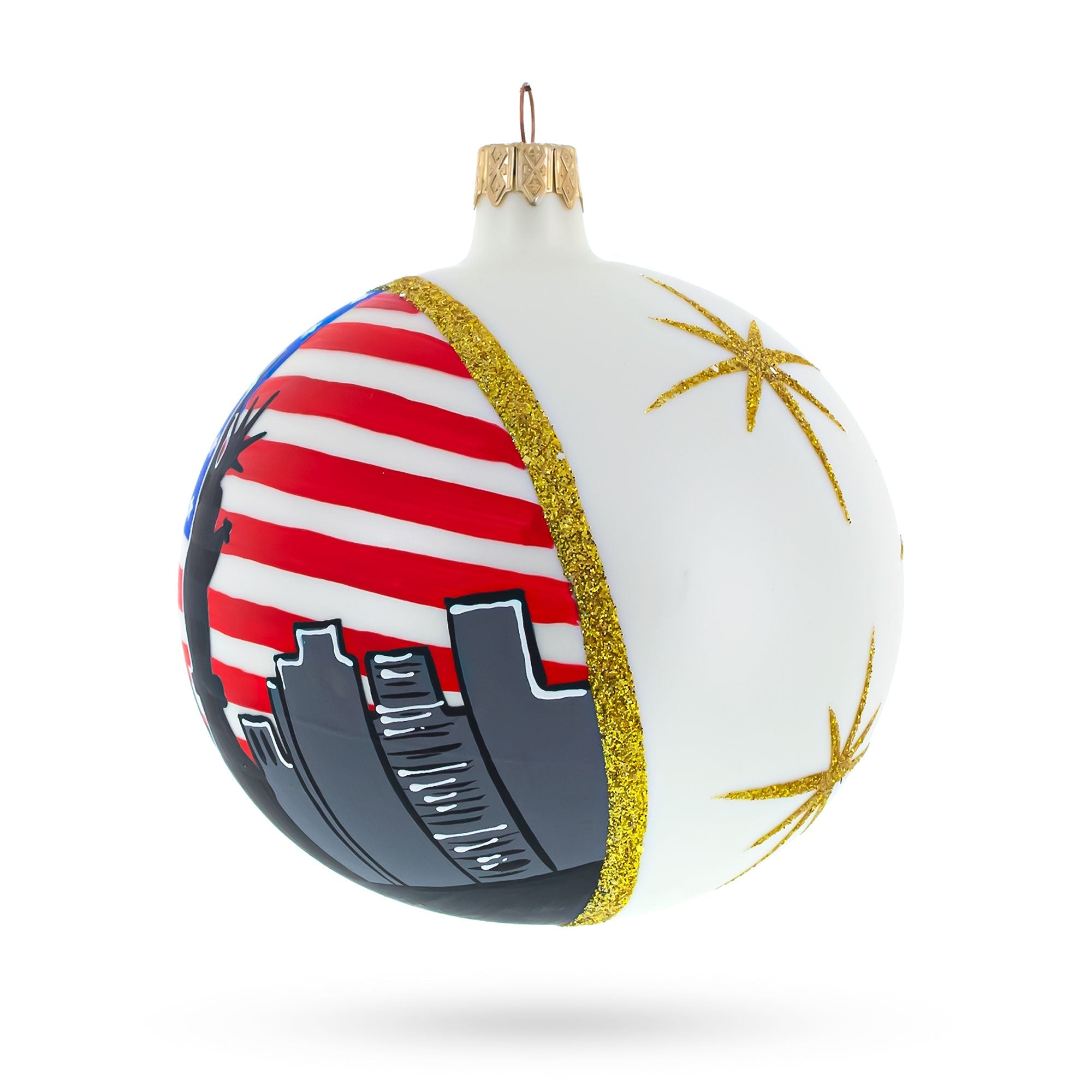 Patriotic Landmark: Statue Of Liberty With Usa Flag, New York City Blown Glass Ball Christmas Ornament 4 Inches