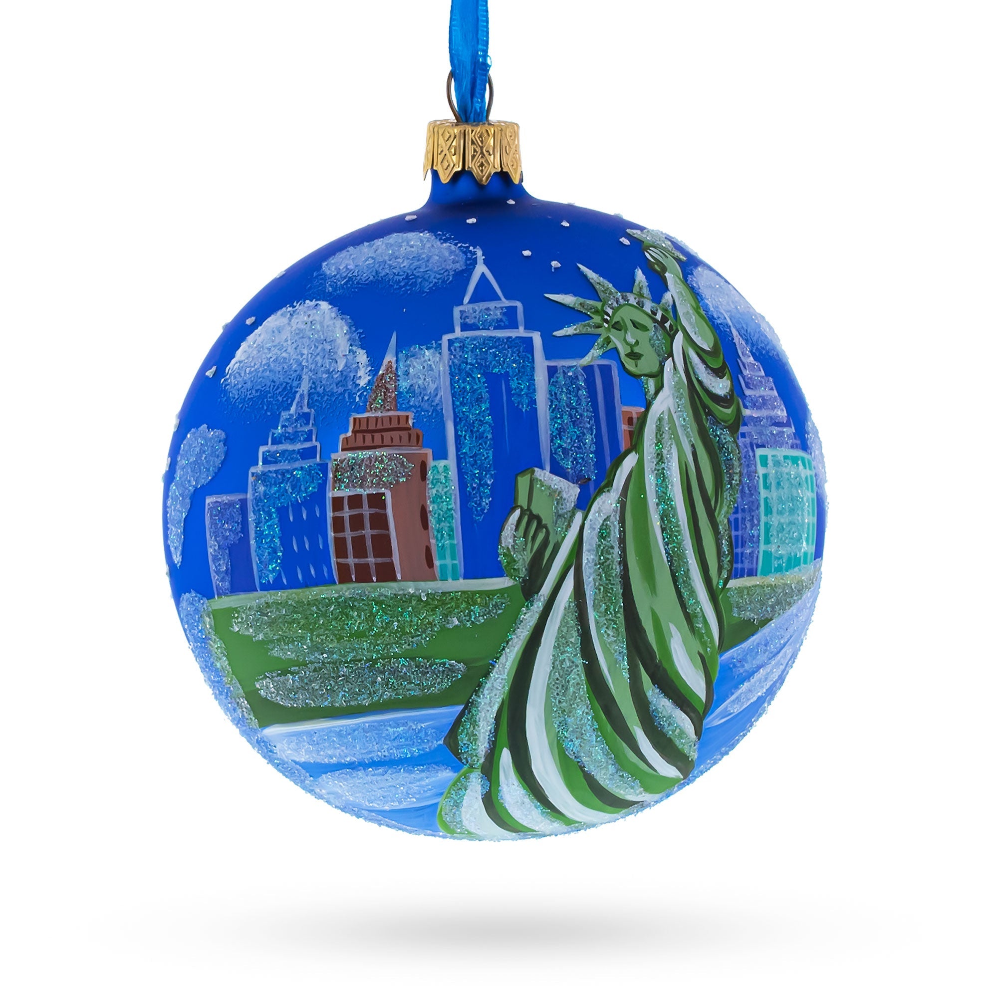 Iconic New York: Statue Of Liberty Blown Glass Ball Christmas Ornament 4 Inches