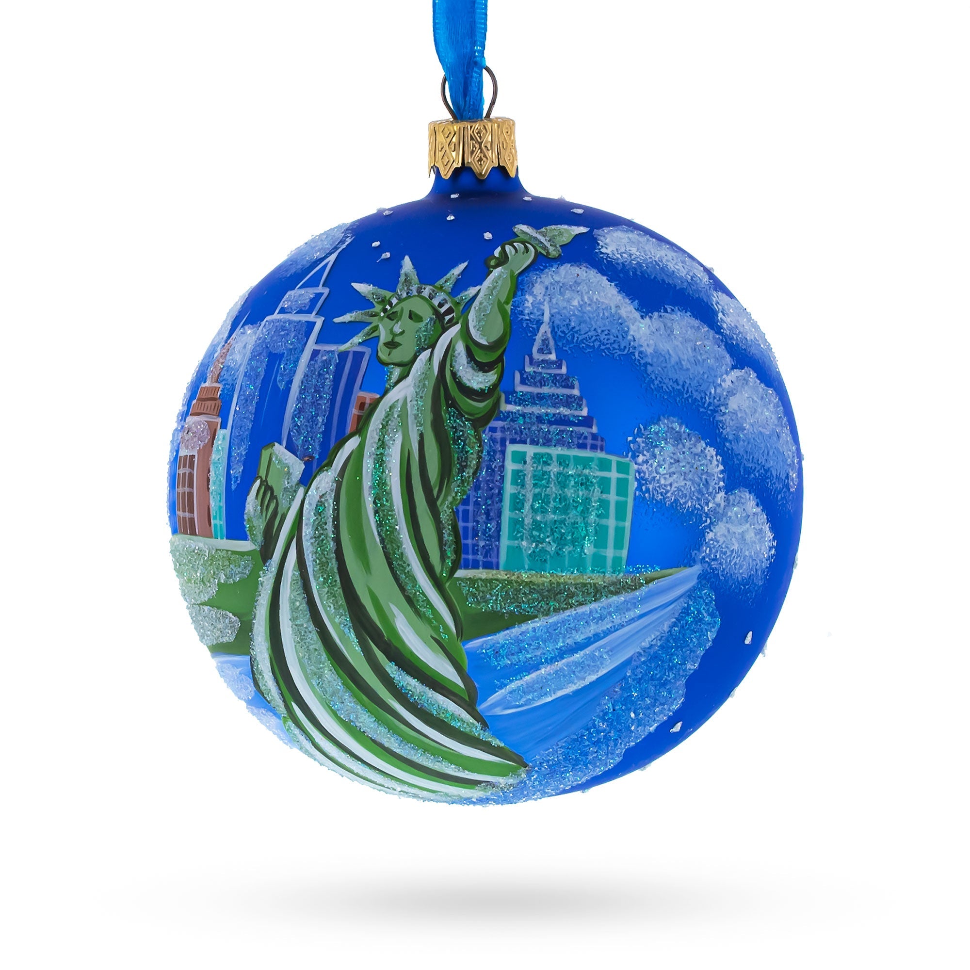 Iconic New York: Statue Of Liberty Blown Glass Ball Christmas Ornament 4 Inches