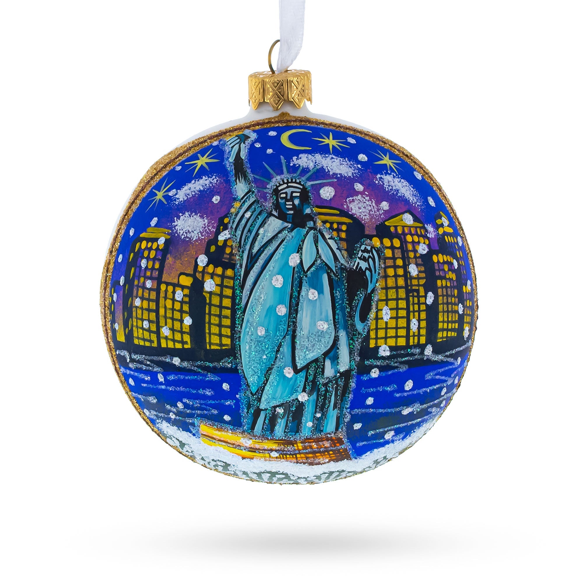 Iconic Landmark: Statue Of Liberty At Night, New York, Usa Blown Glass Ball Christmas Ornament 4 Inches