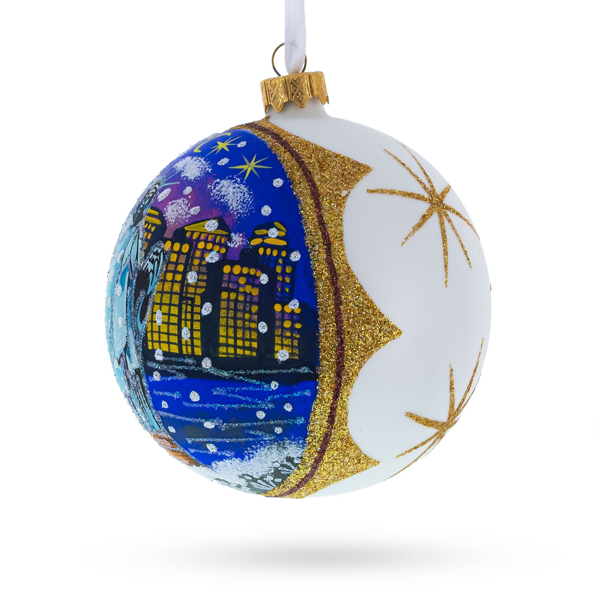 Iconic Landmark: Statue Of Liberty At Night, New York, Usa Blown Glass Ball Christmas Ornament 4 Inches