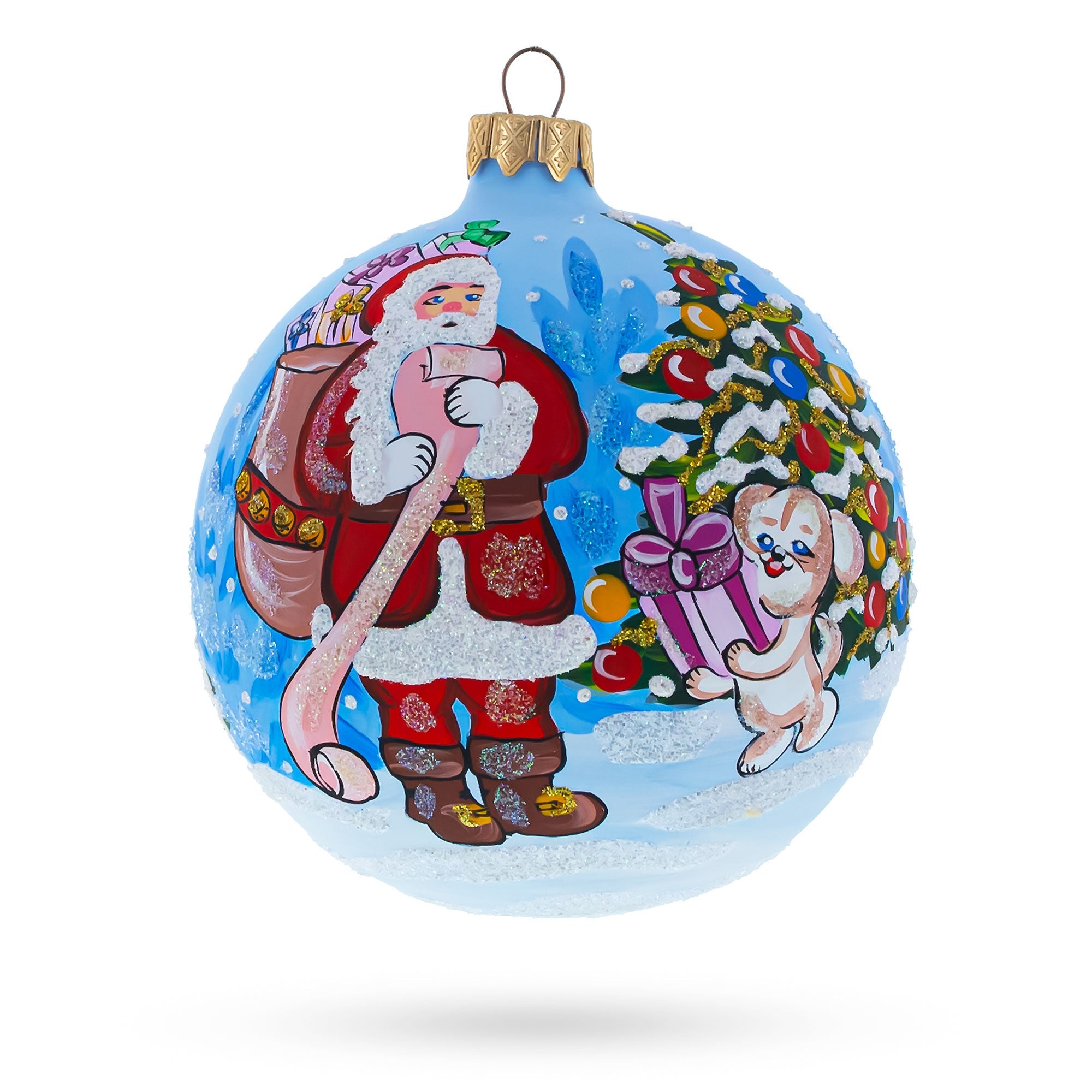 Jolly Checklist: Santa's Gift List And Loyal Dog Blown Glass Ball Christmas Ornament 4 Inches