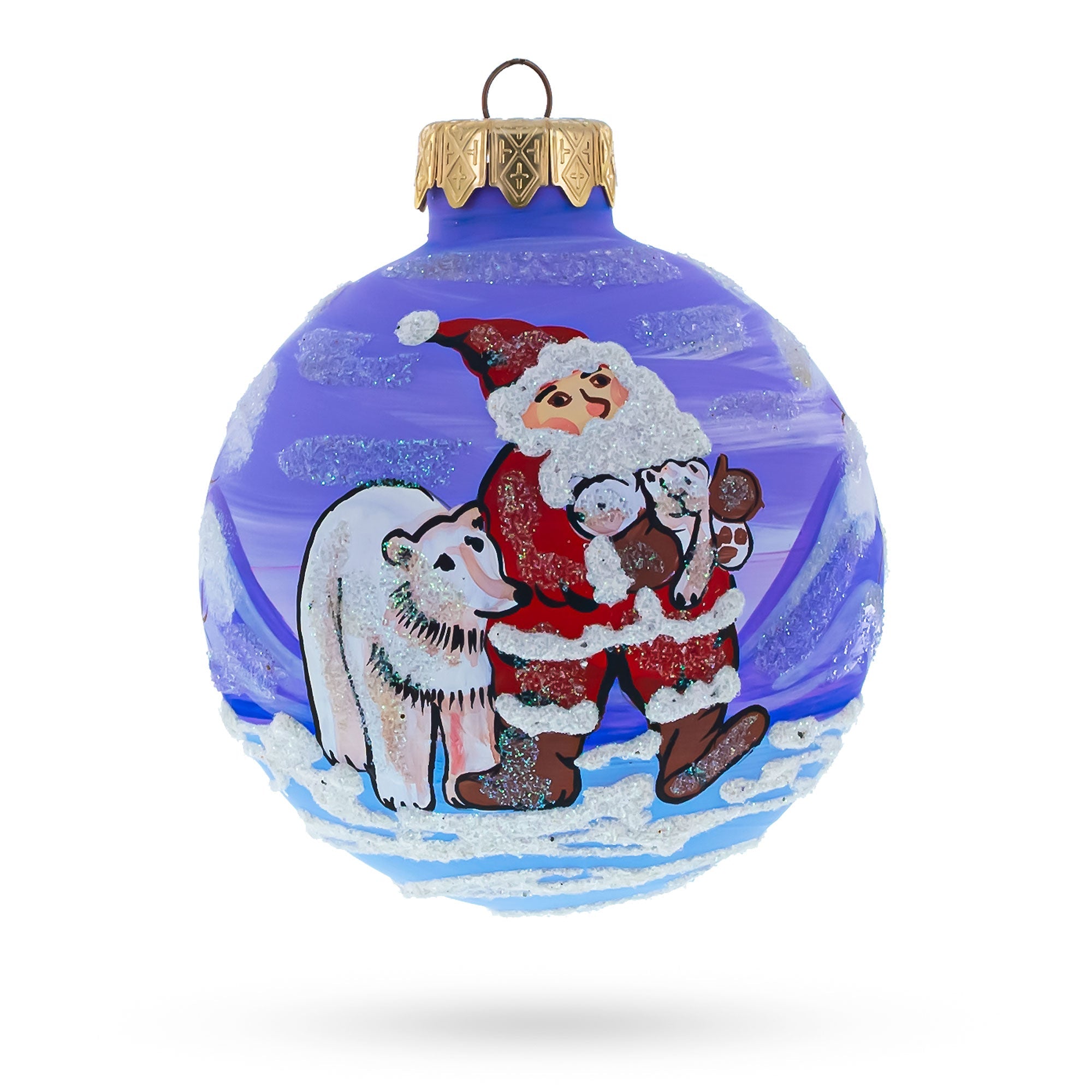 Arctic Buddies: Santa And Polar Bear Festive Blown Glass Ball Christmas Ornament 3.25 Inches