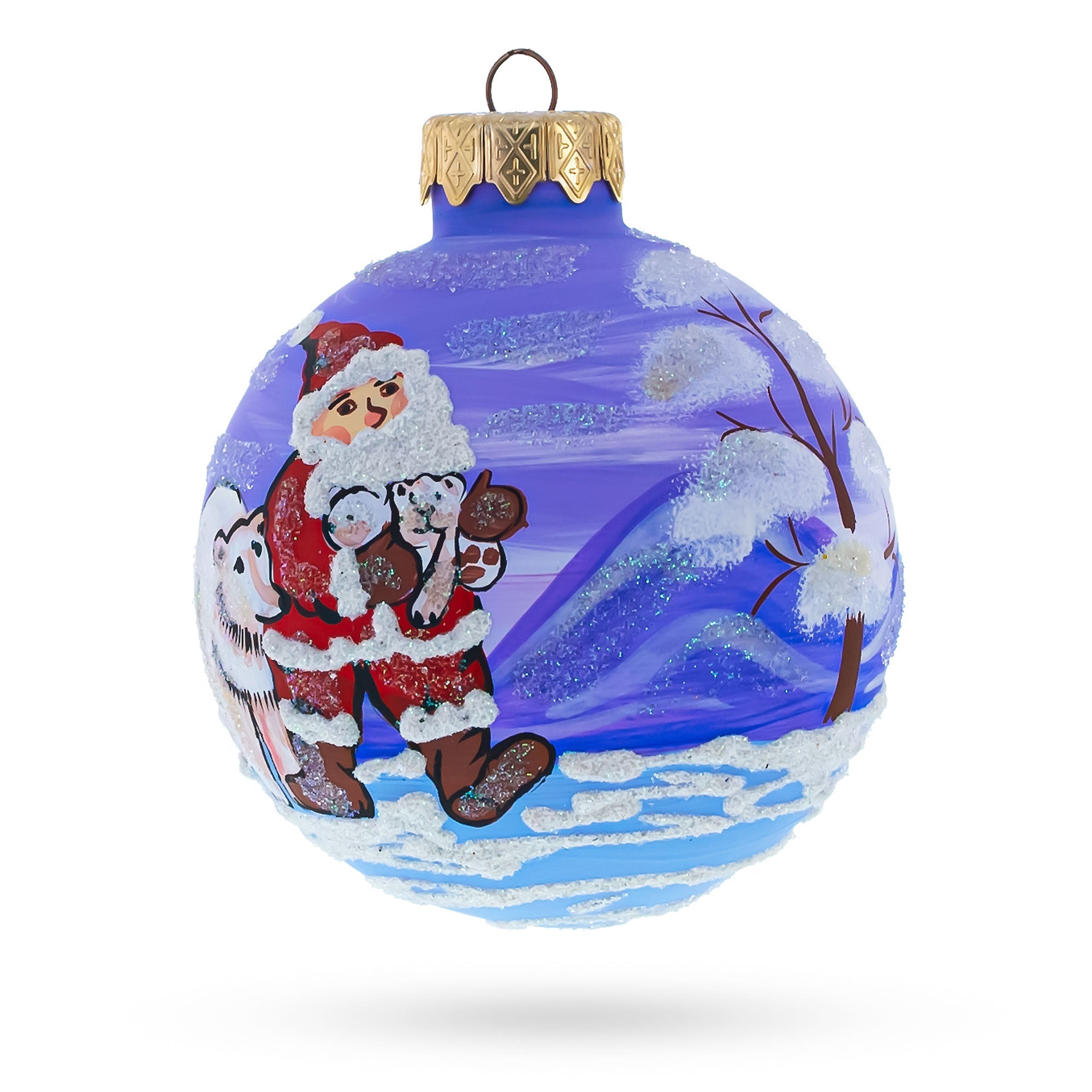 Arctic Buddies: Santa And Polar Bear Festive Blown Glass Ball Christmas Ornament 3.25 Inches