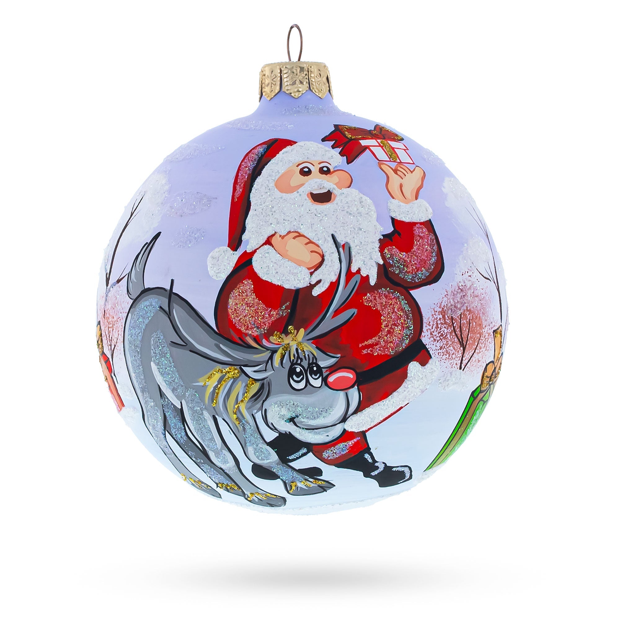 Festive Trio: Santa, Reindeer, And Gifts Blown Glass Ball Christmas Ornament 4 Inches