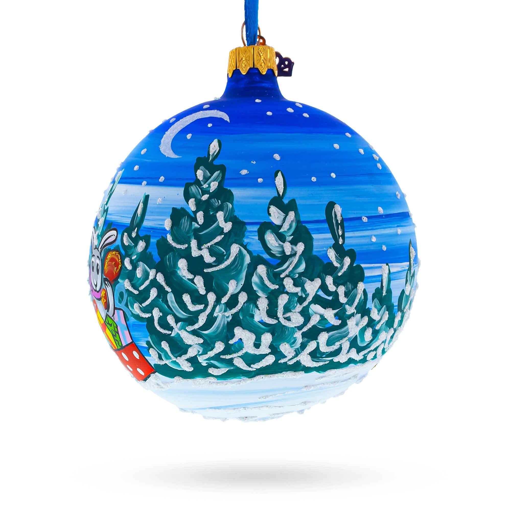 Holiday Menagerie: Santa, Gifts, Reindeer, And Bunnies Blown Glass Ball Christmas Ornament 4 Inches