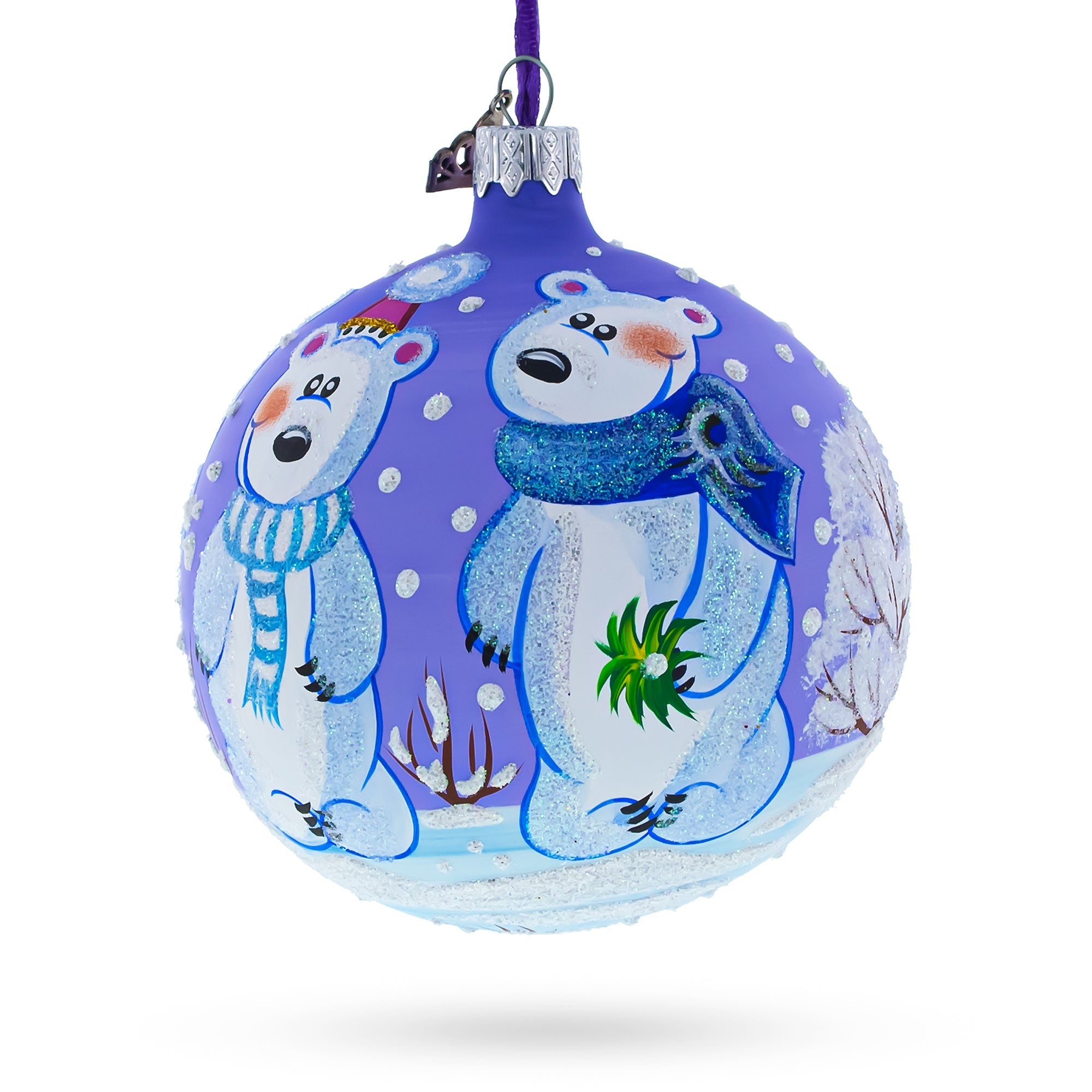 Arctic Wonders: Three Polar Bears - Blown Glass Ball Christmas Ornament 4 Inches