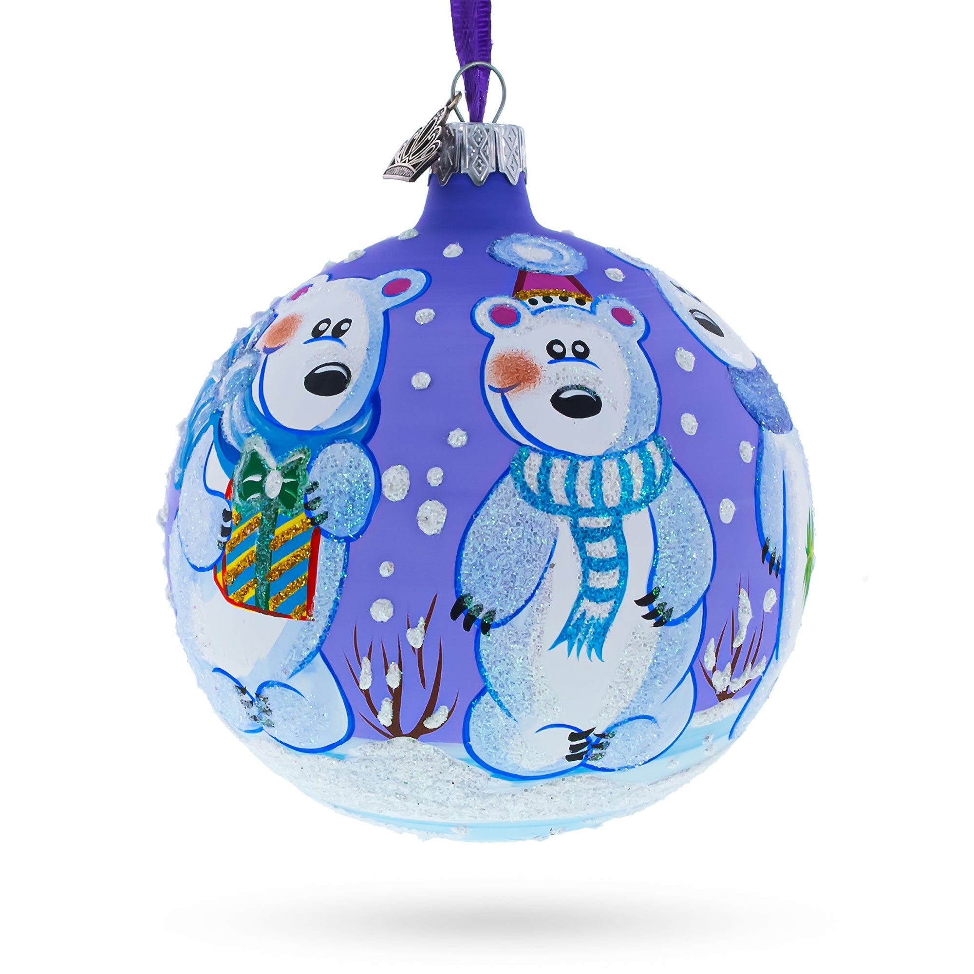 Arctic Wonders: Three Polar Bears - Blown Glass Ball Christmas Ornament 4 Inches