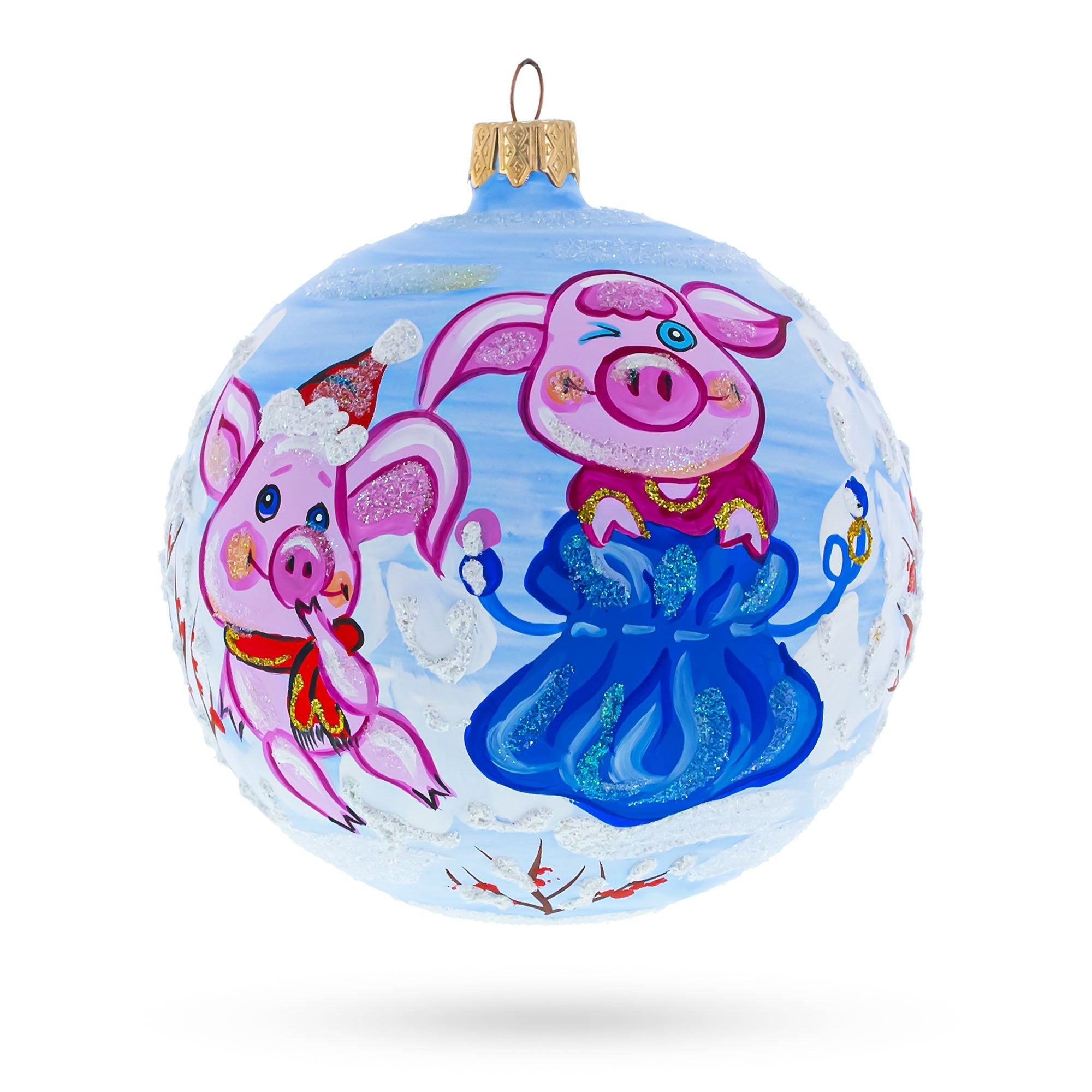 Winter Delight: Two Pigs With Gifts Blown Glass Ball Christmas Ornament 4 Inches