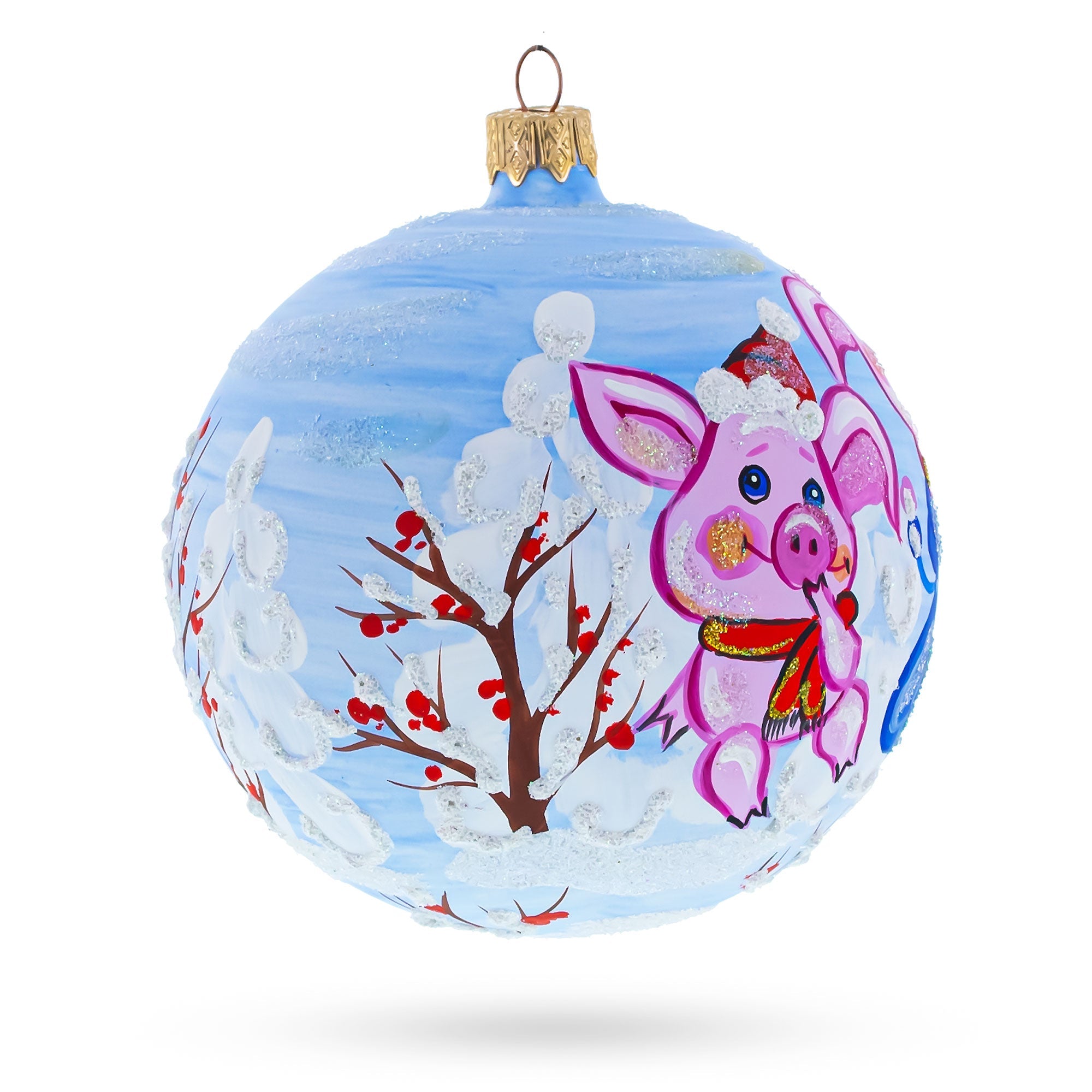 Winter Delight: Two Pigs With Gifts Blown Glass Ball Christmas Ornament 4 Inches