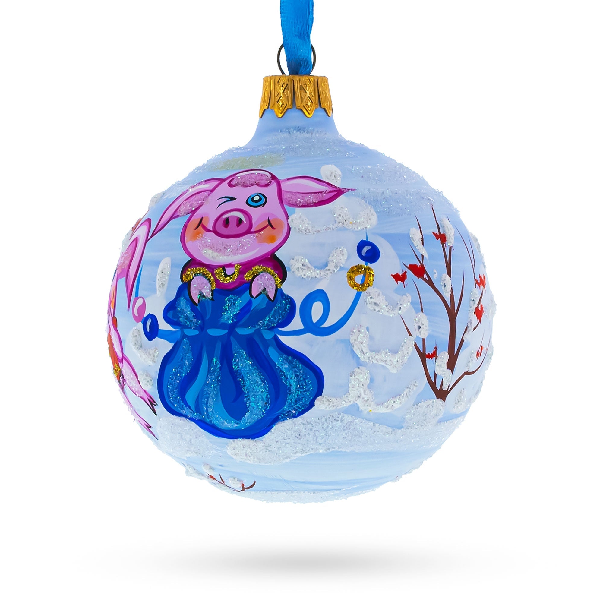 Winter Delight: Two Pigs With Gifts Blown Glass Ball Christmas Ornament 3.25 Inches