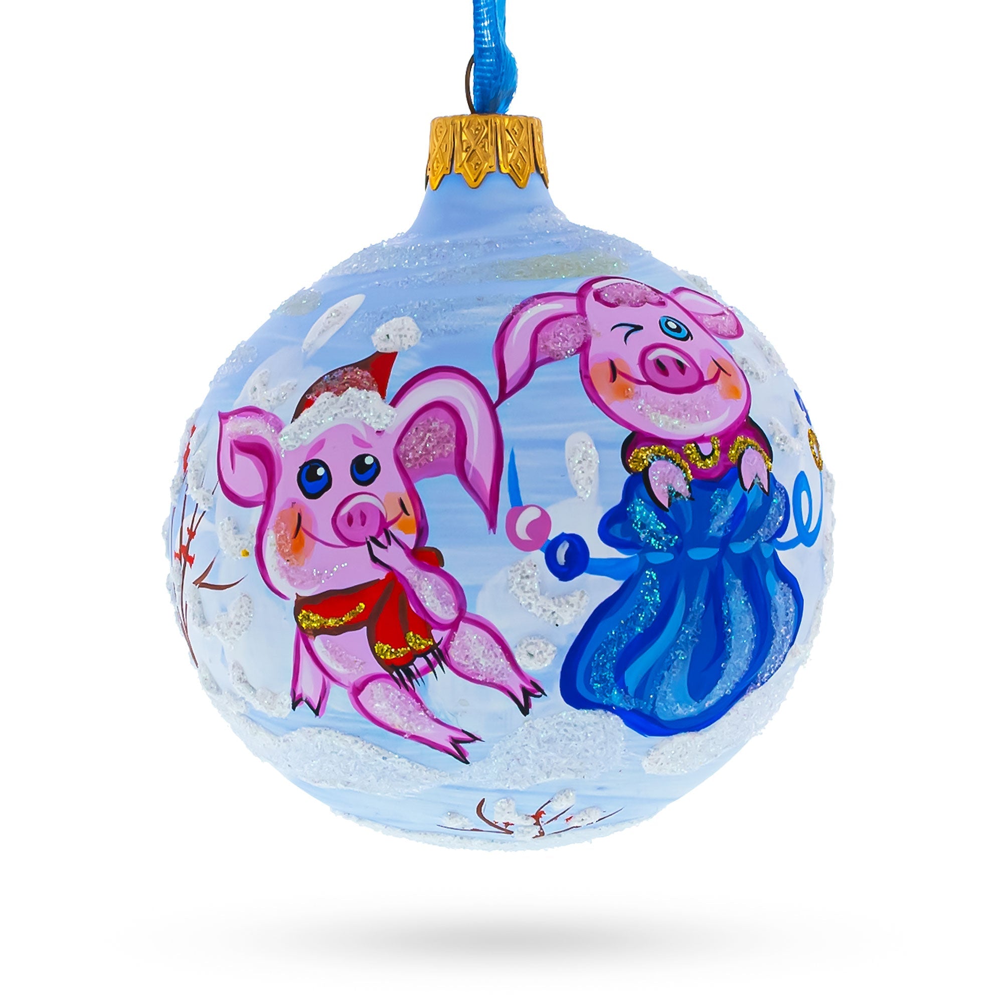 Winter Delight: Two Pigs With Gifts Blown Glass Ball Christmas Ornament 3.25 Inches