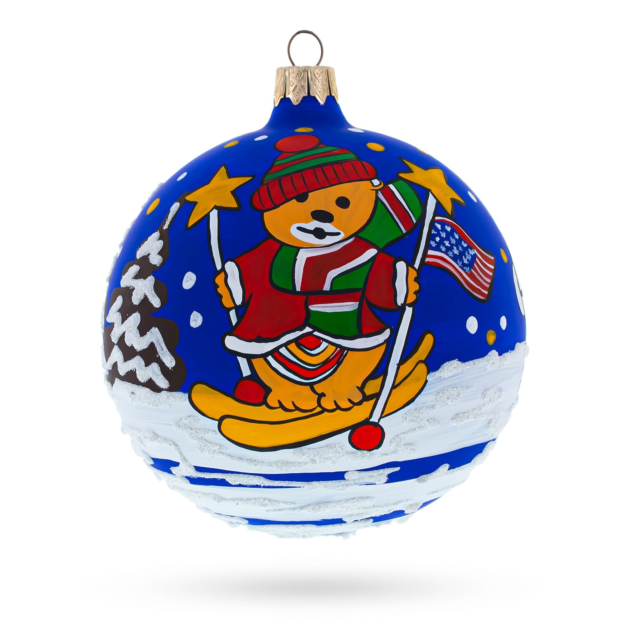 Patriotic Winter Adventure: Bear Skiing With Snowman And Usa Flag Blown Glass Ball Christmas Ornament 4 Inches