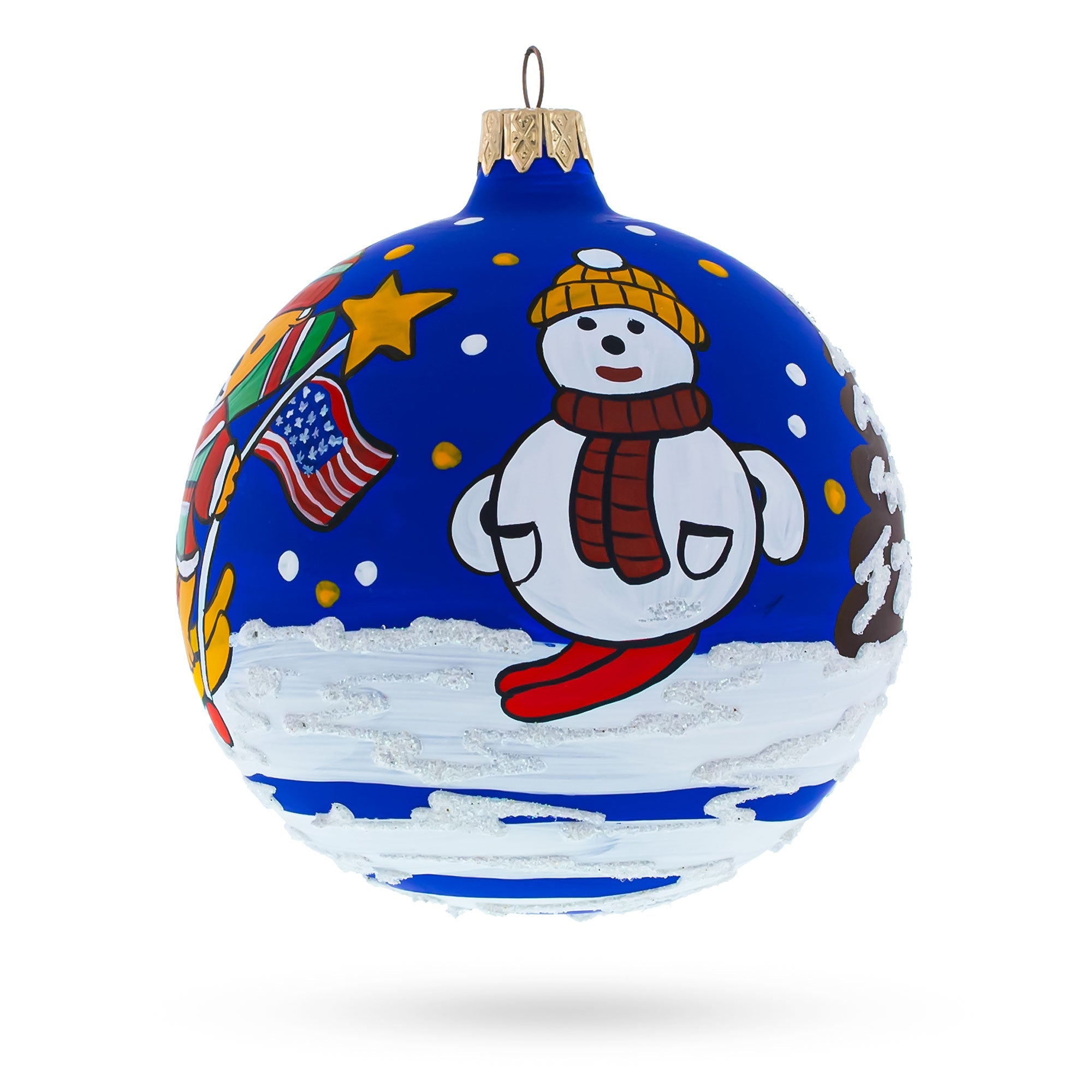 Patriotic Winter Adventure: Bear Skiing With Snowman And Usa Flag Blown Glass Ball Christmas Ornament 4 Inches