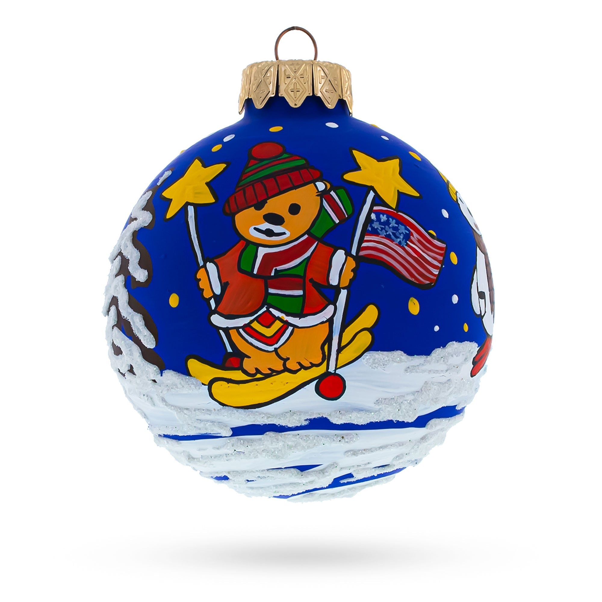 Patriotic Winter Adventure: Bear Skiing With Snowman And Usa Flag Blown Glass Ball Christmas Ornament 3.25 Inches