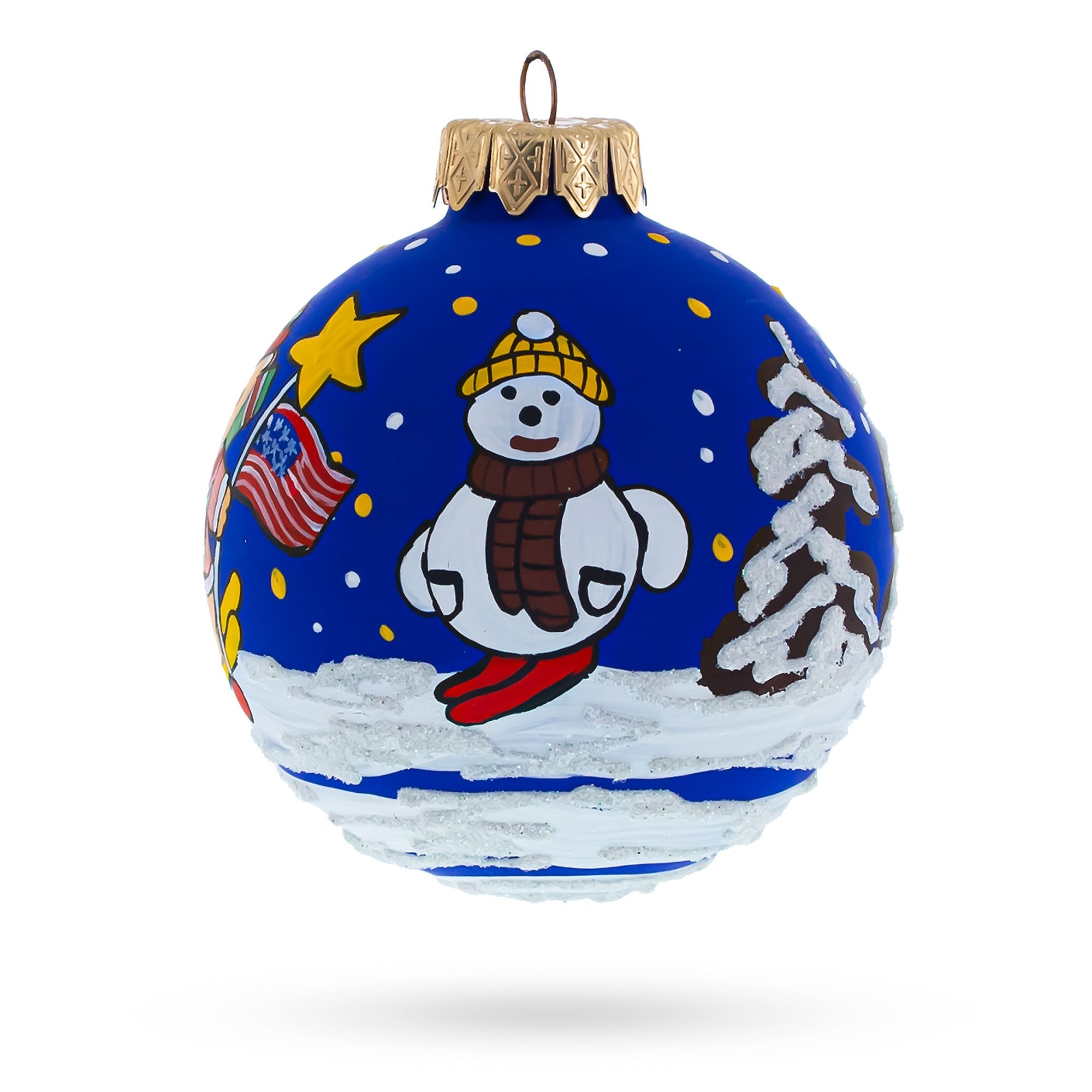 Patriotic Winter Adventure: Bear Skiing With Snowman And Usa Flag Blown Glass Ball Christmas Ornament 3.25 Inches