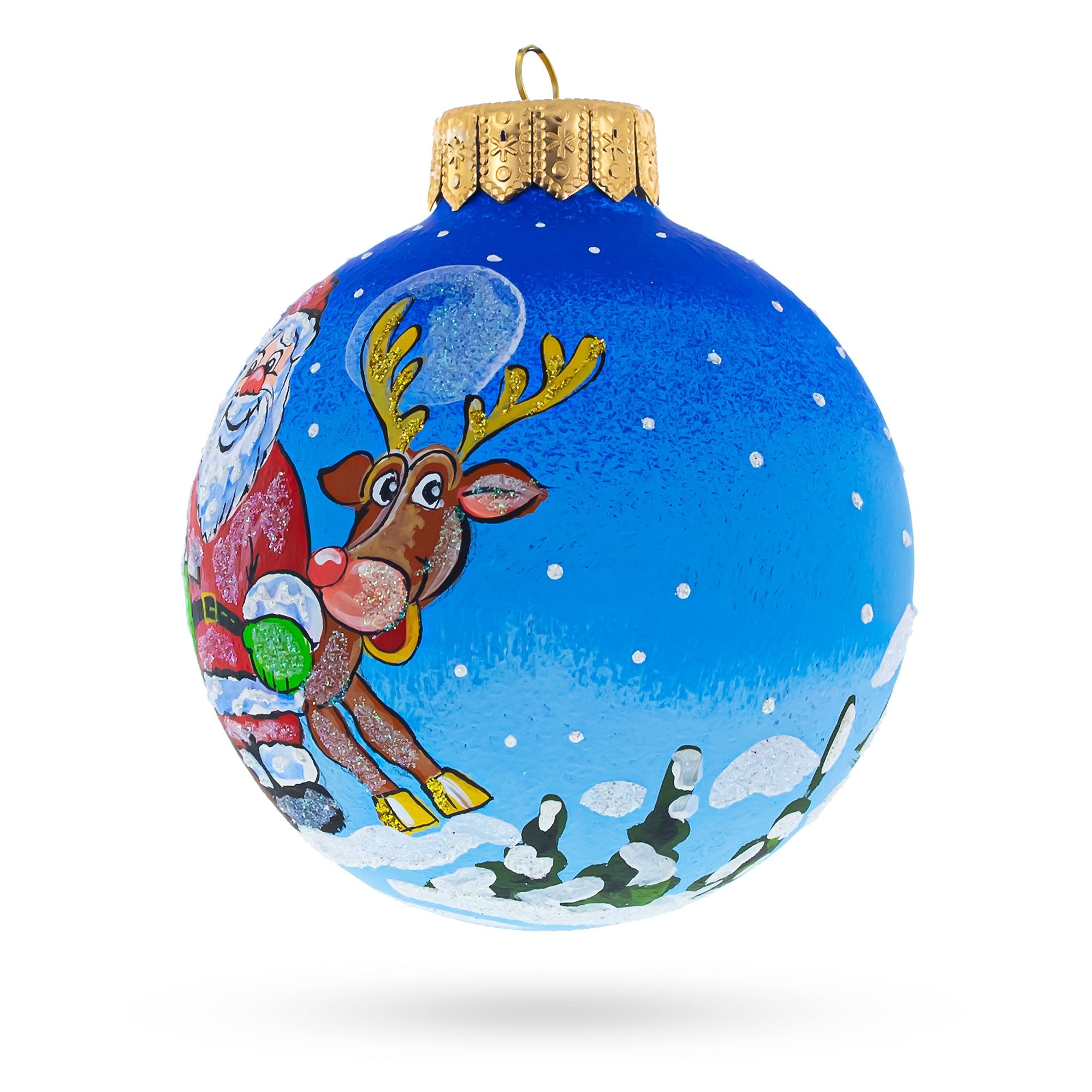 Santa's Sleigh Ride: Santa And Reindeer Festive Blown Glass Ball Christmas Ornament 4 Inches