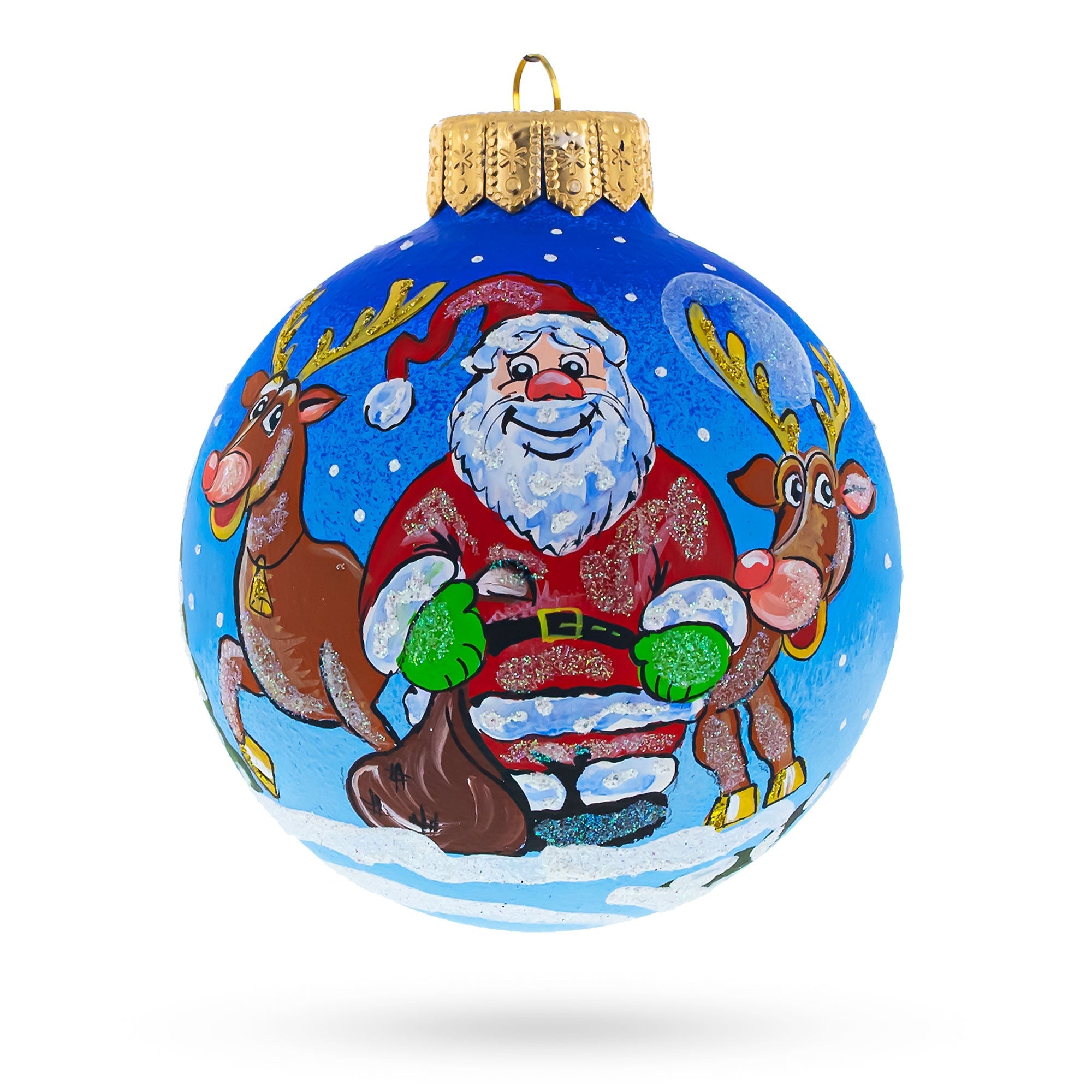 Santa's Sleigh Ride: Santa And Reindeer Festive Blown Glass Ball Christmas Ornament 4 Inches