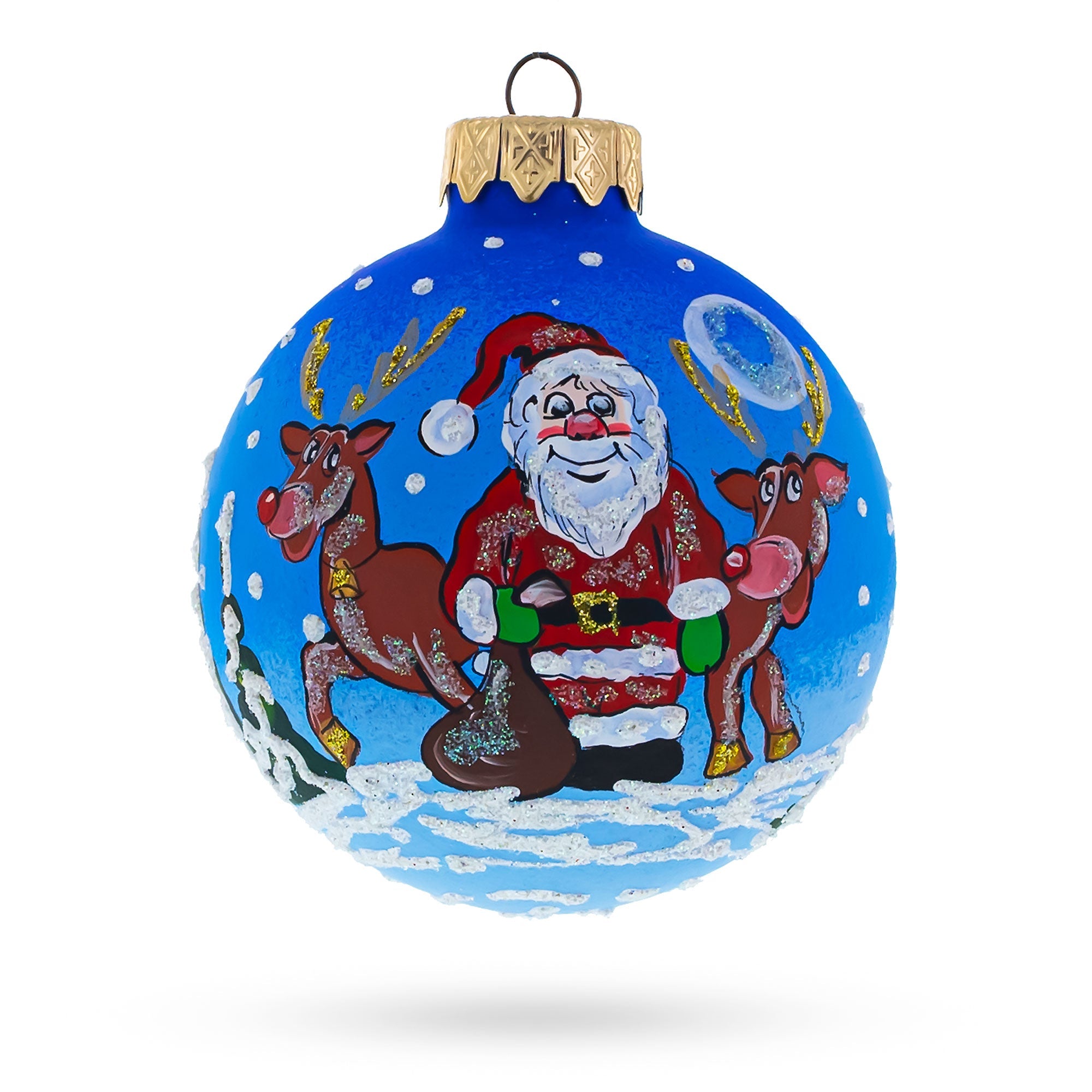 Santa's Sleigh Ride: Santa And Reindeer Festive Blown Glass Ball Christmas Ornament 3.25 Inches