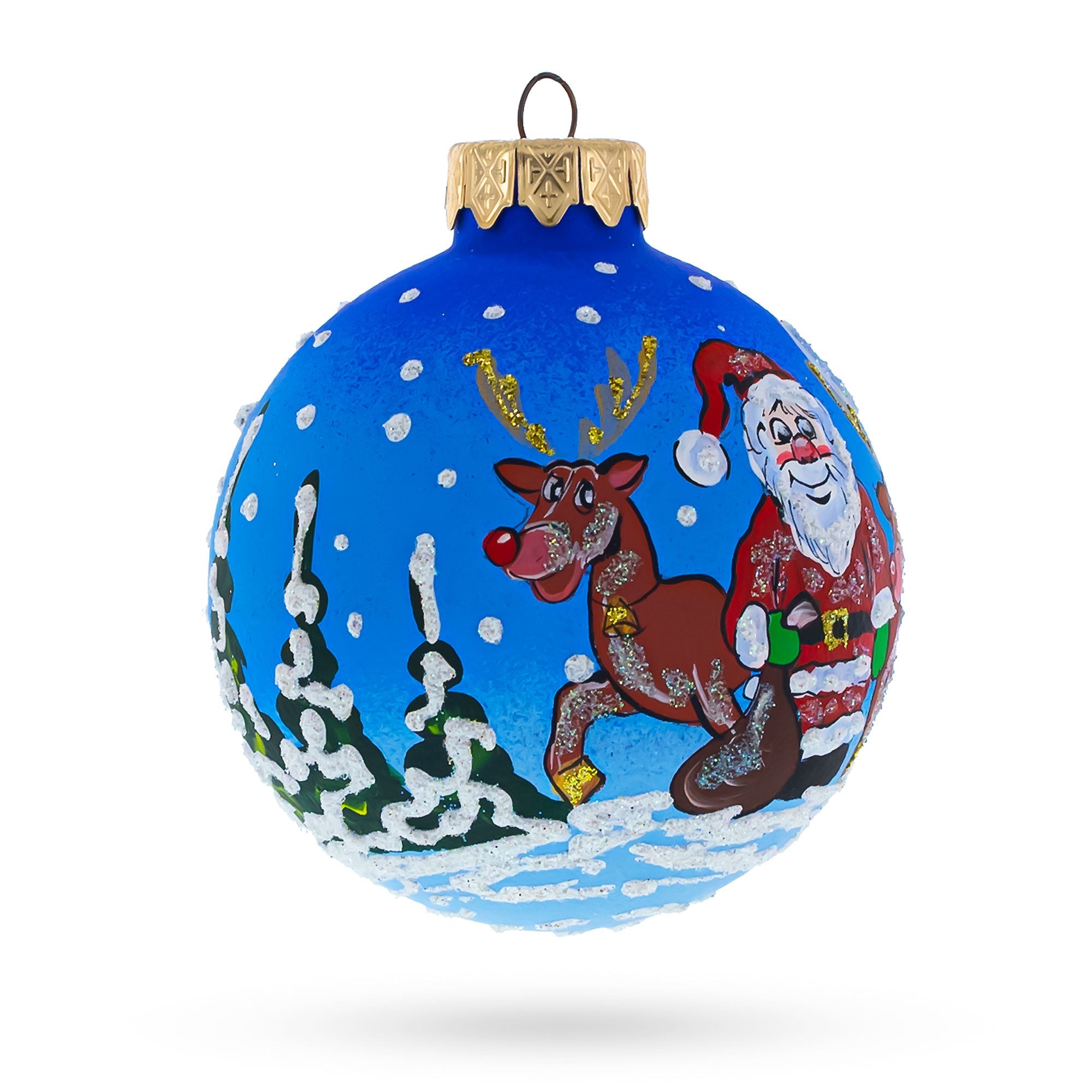 Santa's Sleigh Ride: Santa And Reindeer Festive Blown Glass Ball Christmas Ornament 3.25 Inches