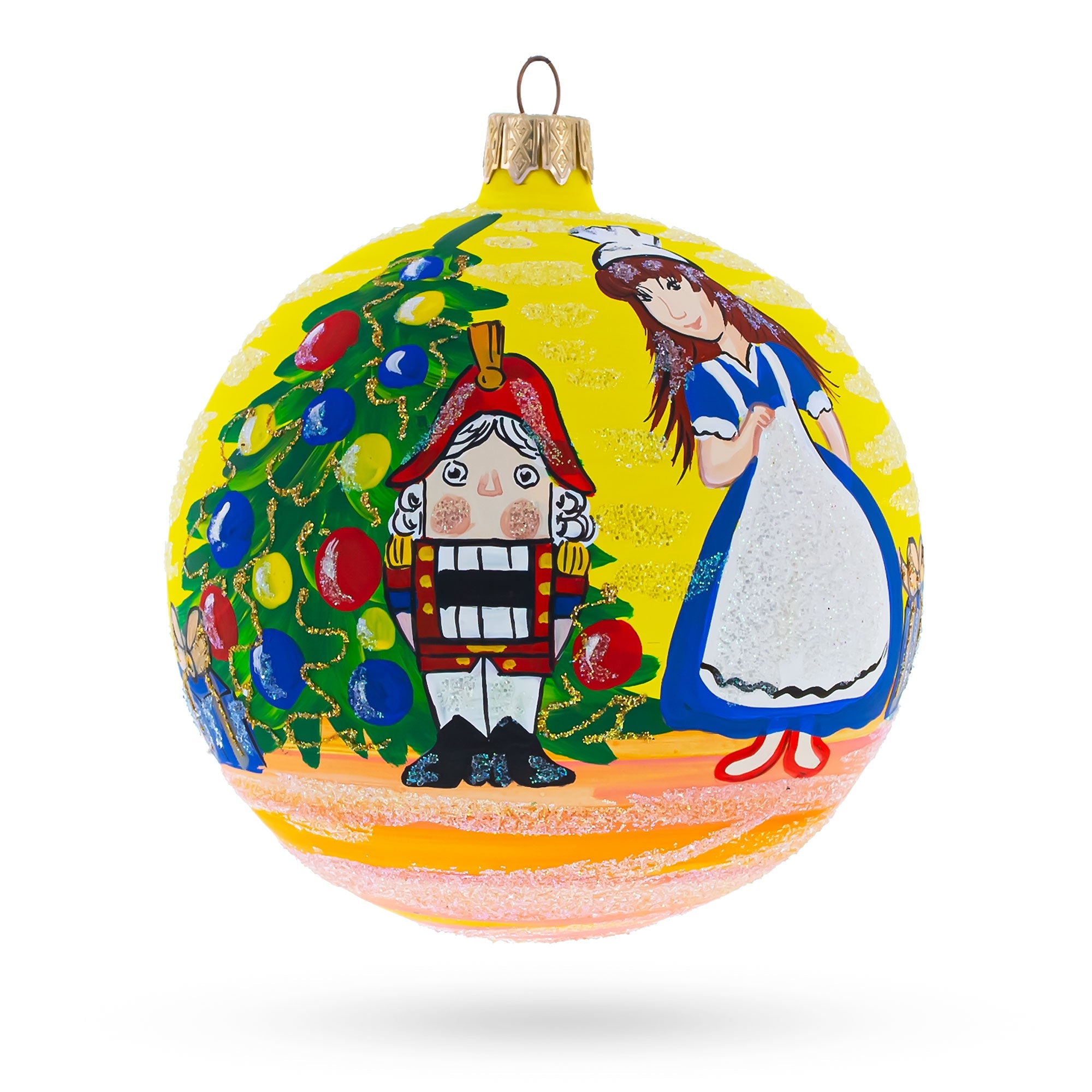 Festive Tale: Nutcracker And Marie By Christmas Tree - Blown Glass Ball Christmas Ornament 4 Inches