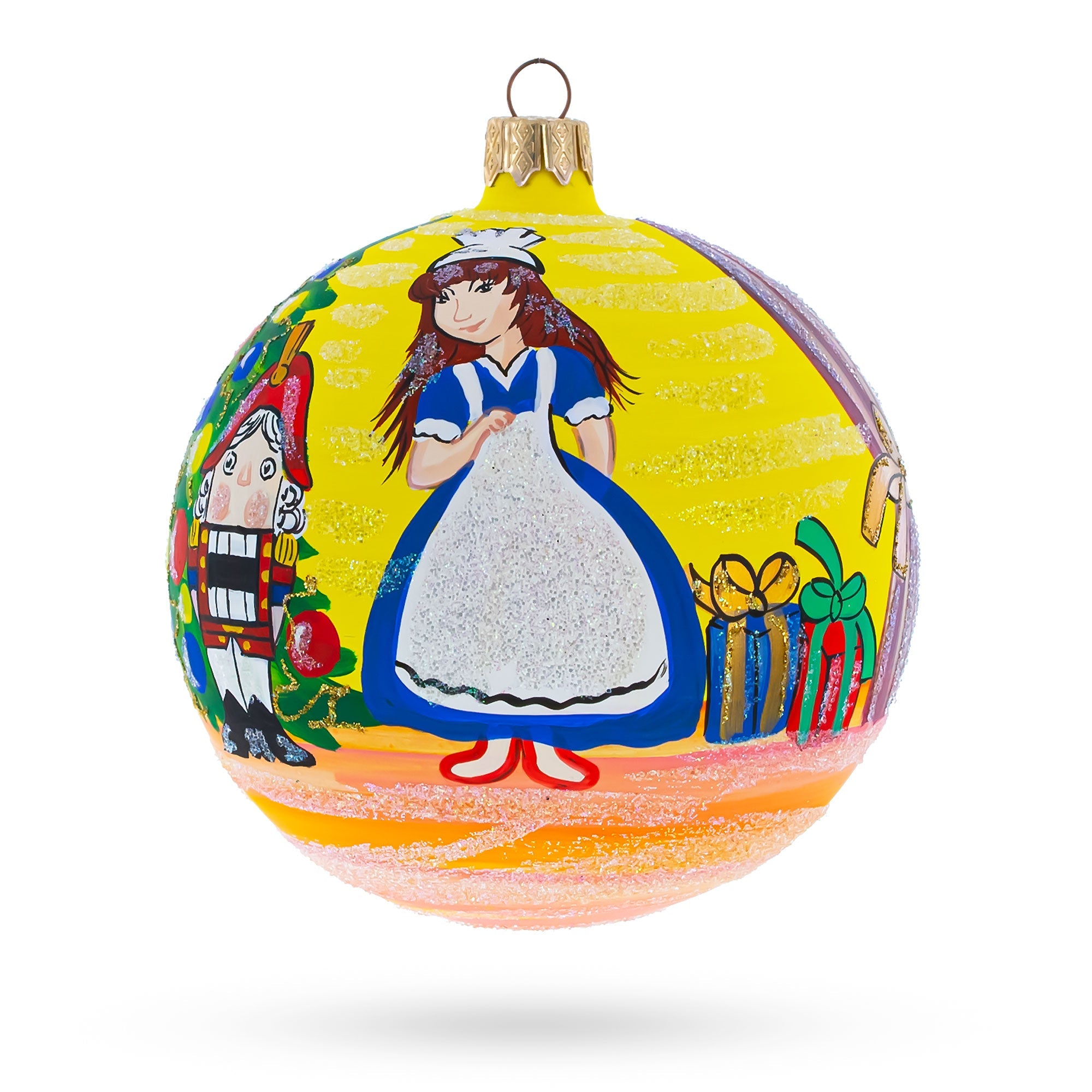 Festive Tale: Nutcracker And Marie By Christmas Tree - Blown Glass Ball Christmas Ornament 4 Inches