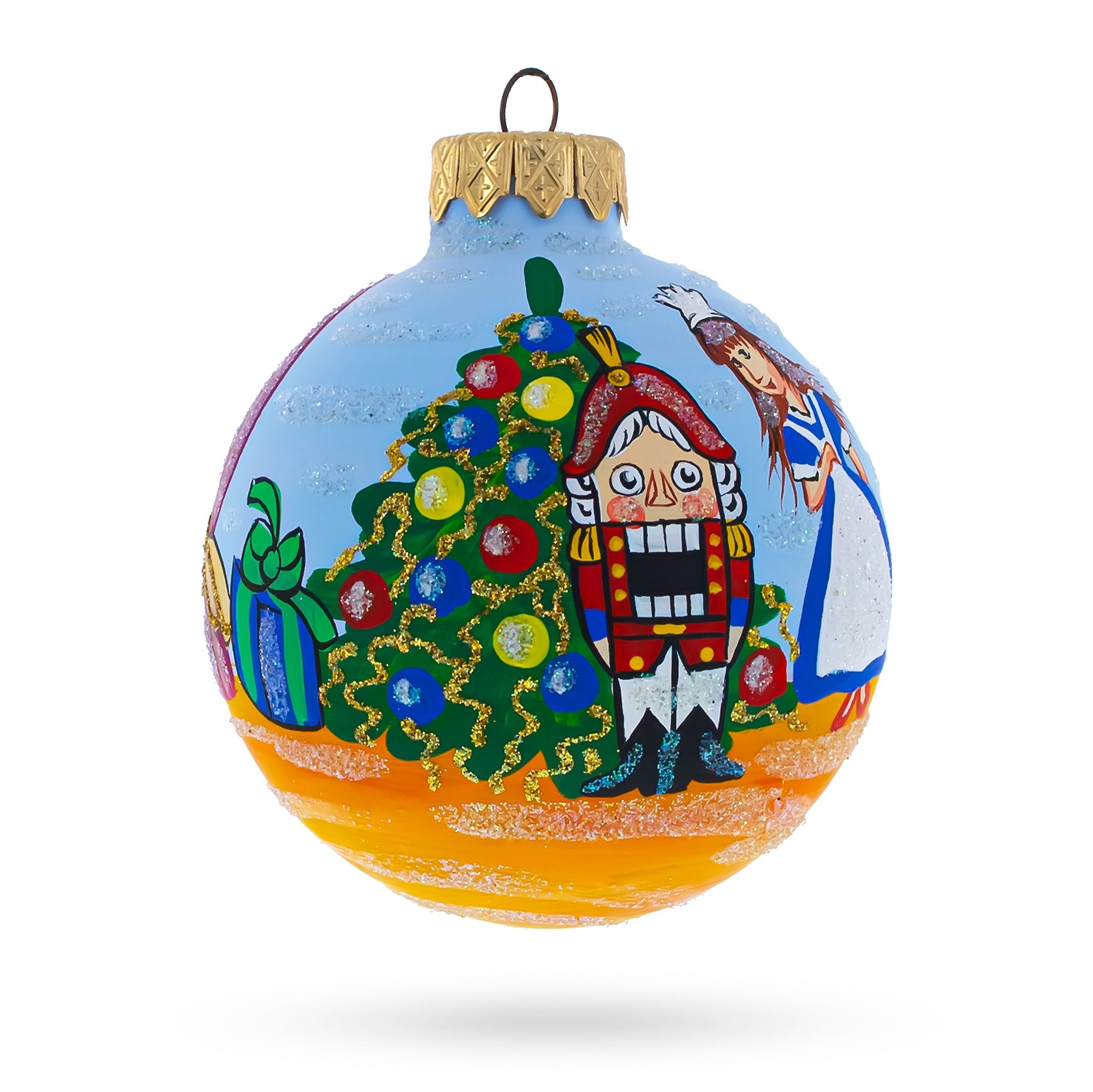 Festive Tale: Nutcracker And Marie By Christmas Tree - Blown Glass Ball Christmas Ornament  3.25 Inches