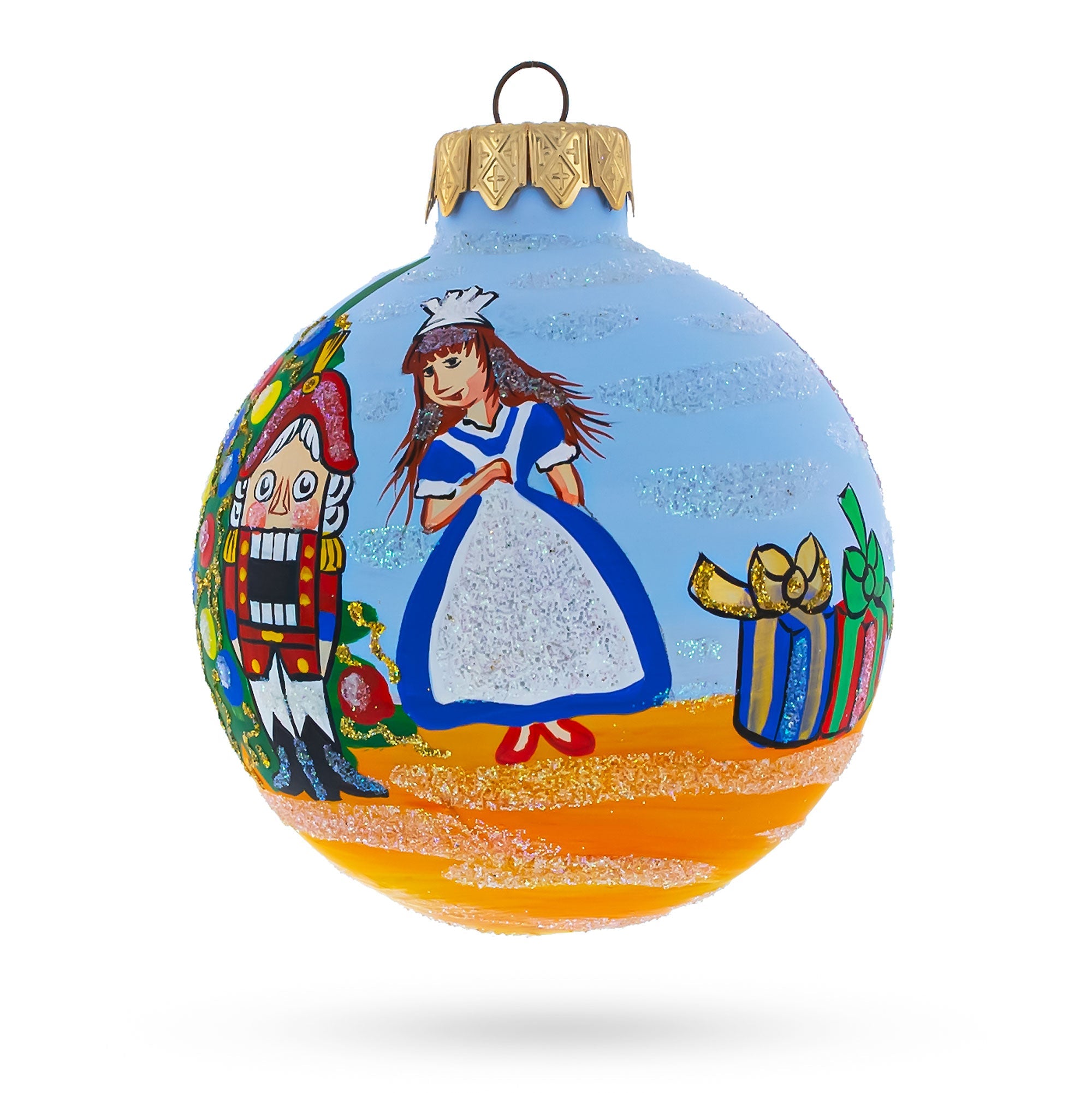 Festive Tale: Nutcracker And Marie By Christmas Tree - Blown Glass Ball Christmas Ornament  3.25 Inches